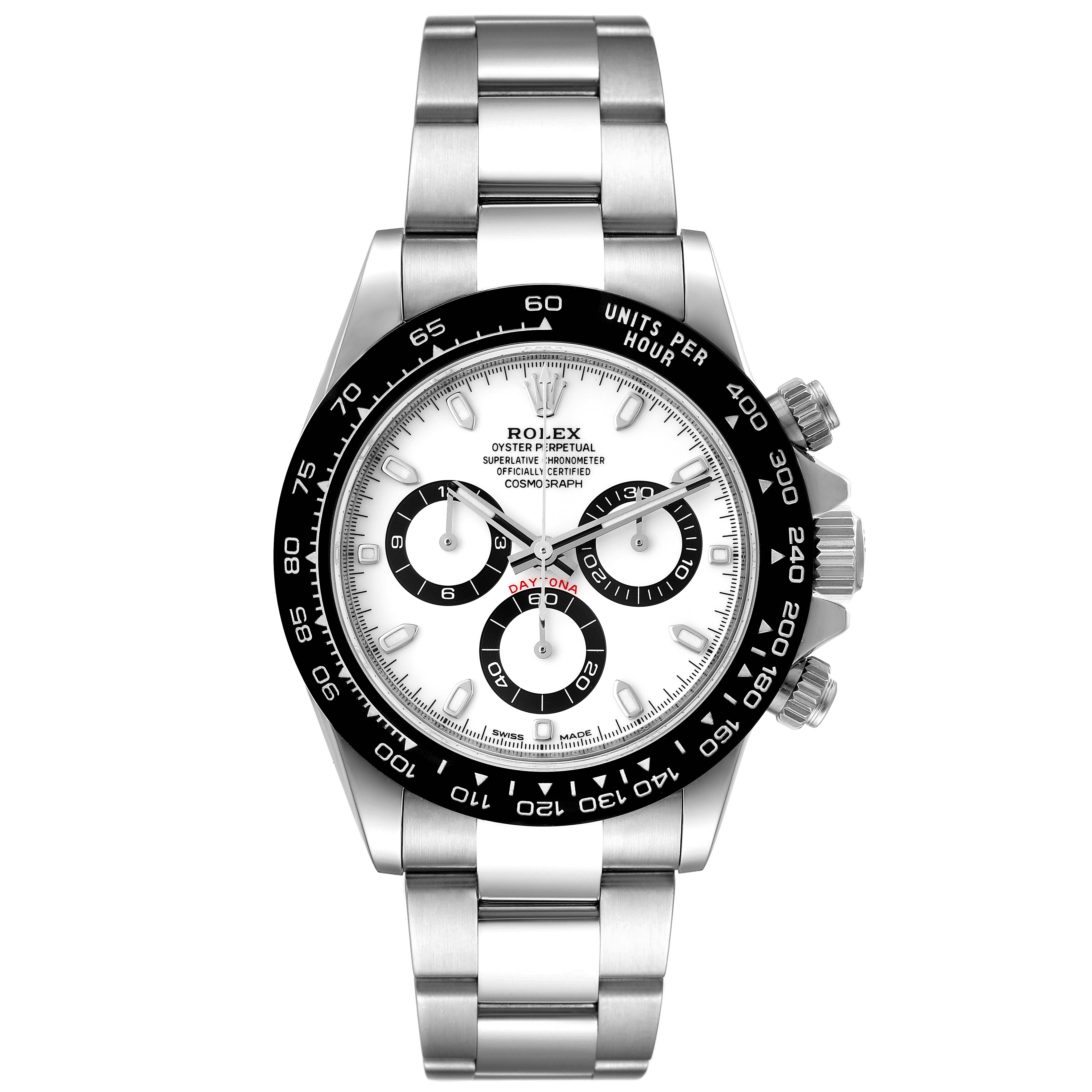 The Rolex Daytona 116500 Men's Stainless Steel White Dial 116500 Men's Stainless Steel White Dial watch is shown from a front angle, displaying its dial, bezel, and bracelet.