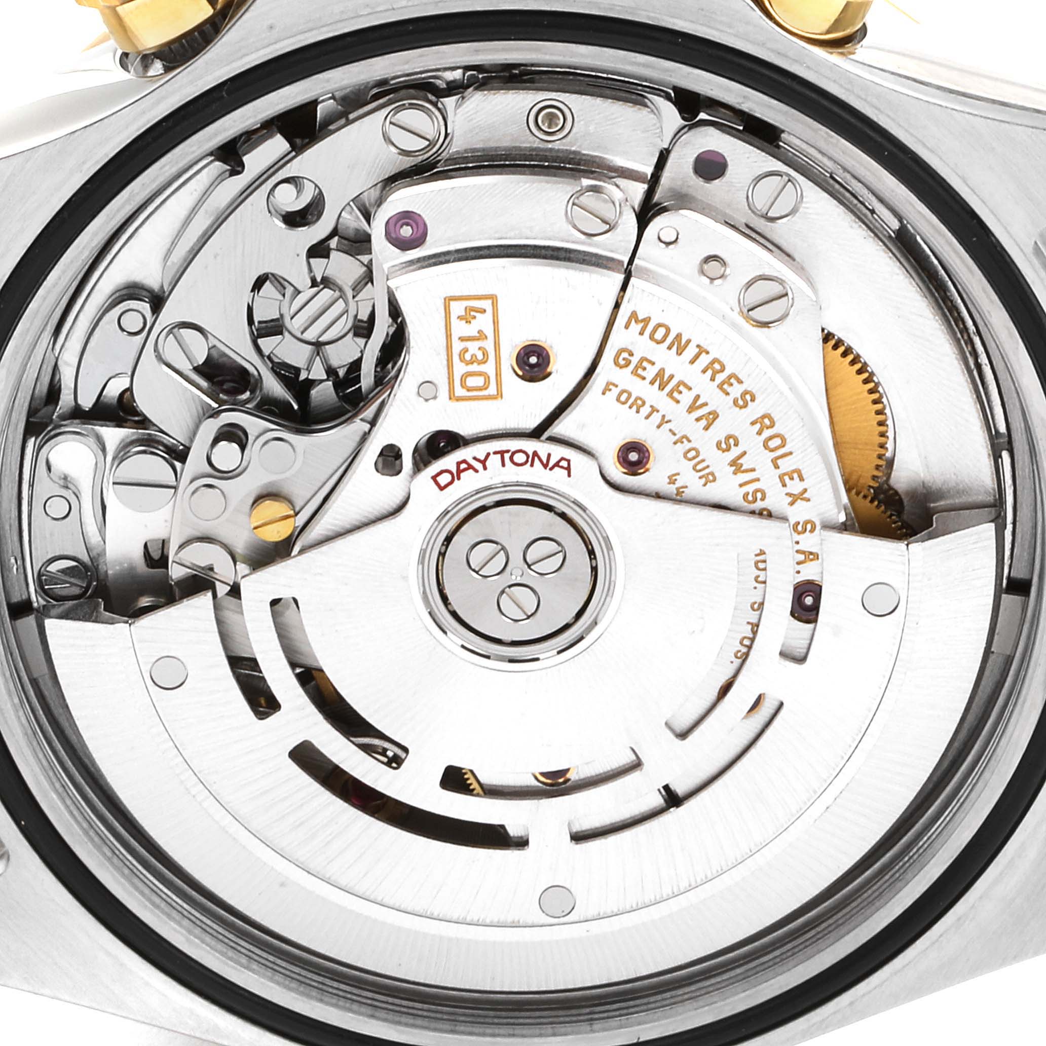 This image shows the detailed inner mechanism of the Rolex Daytona 116523 Men's Steel and Gold (two tone) Black Dial 116523 Men's Steel and Gold (two tone) Black Dial watch, highlighting its intricate movement components.