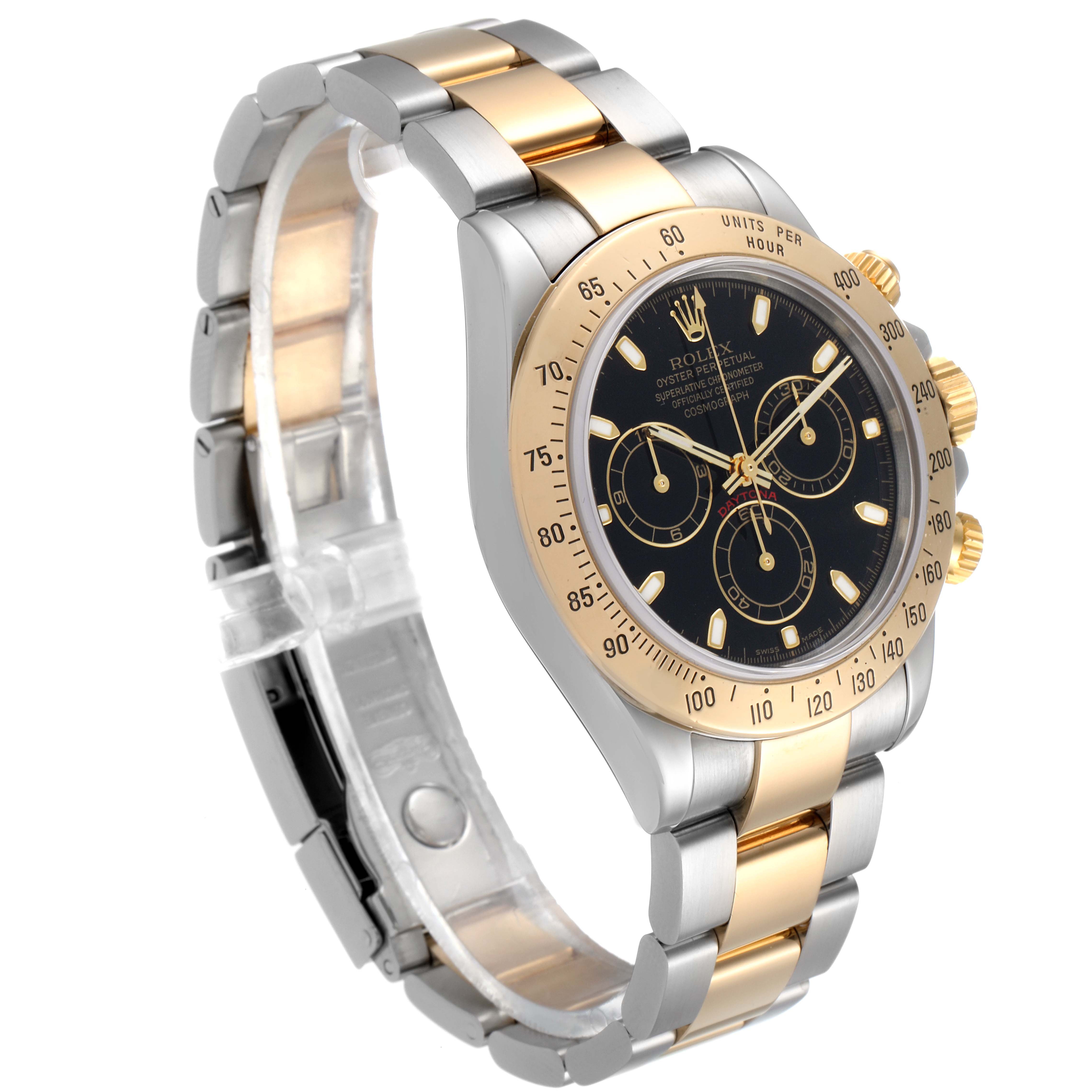 The image shows a Rolex Daytona 116523 Men's Steel and Gold (two tone) Black Dial 116523 Men's Steel and Gold (two tone) Black Dial watch at an angled side view, highlighting its two-tone bracelet, black dial, and gold bezel.
