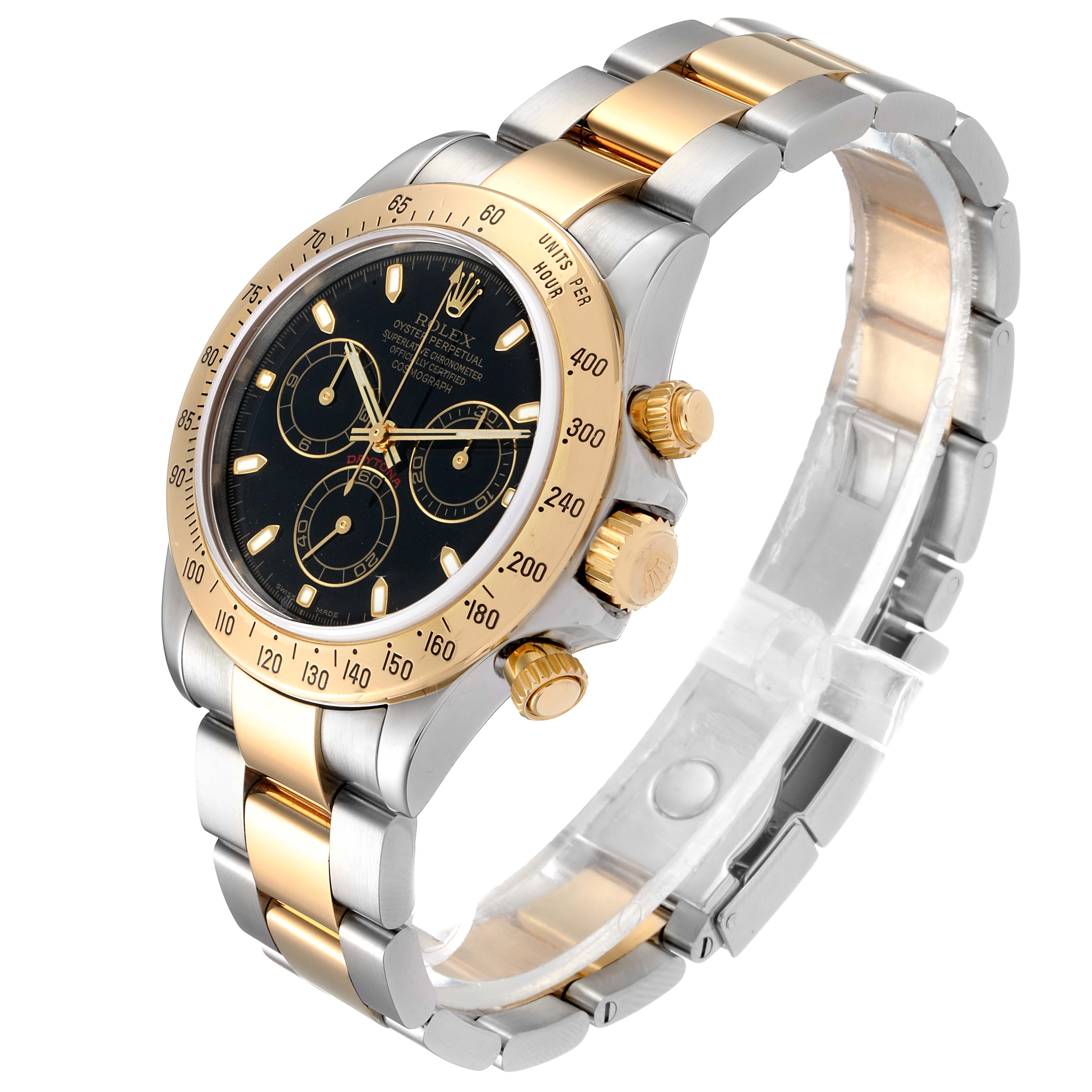 This image shows a Rolex Daytona 116523 Men's Steel and Gold (two tone) Black Dial 116523 Men's Steel and Gold (two tone) Black Dial watch at an angled frontal view, highlighting the bezel, dial, chronograph subdials, and two-tone bracelet.