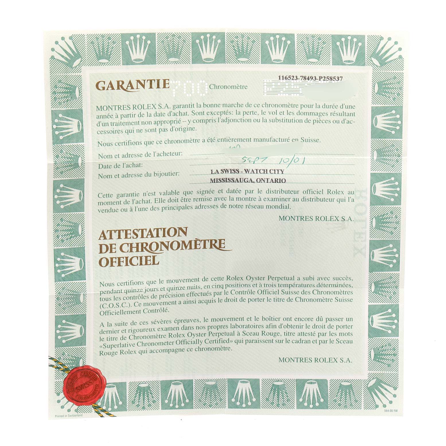 The image shows a certification and warranty document for a Rolex Daytona 116523 Men's Steel and Gold (two tone) Black Dial 116523 Men's Steel and Gold (two tone) Black Dial watch, displayed flat with French text and official stamps.