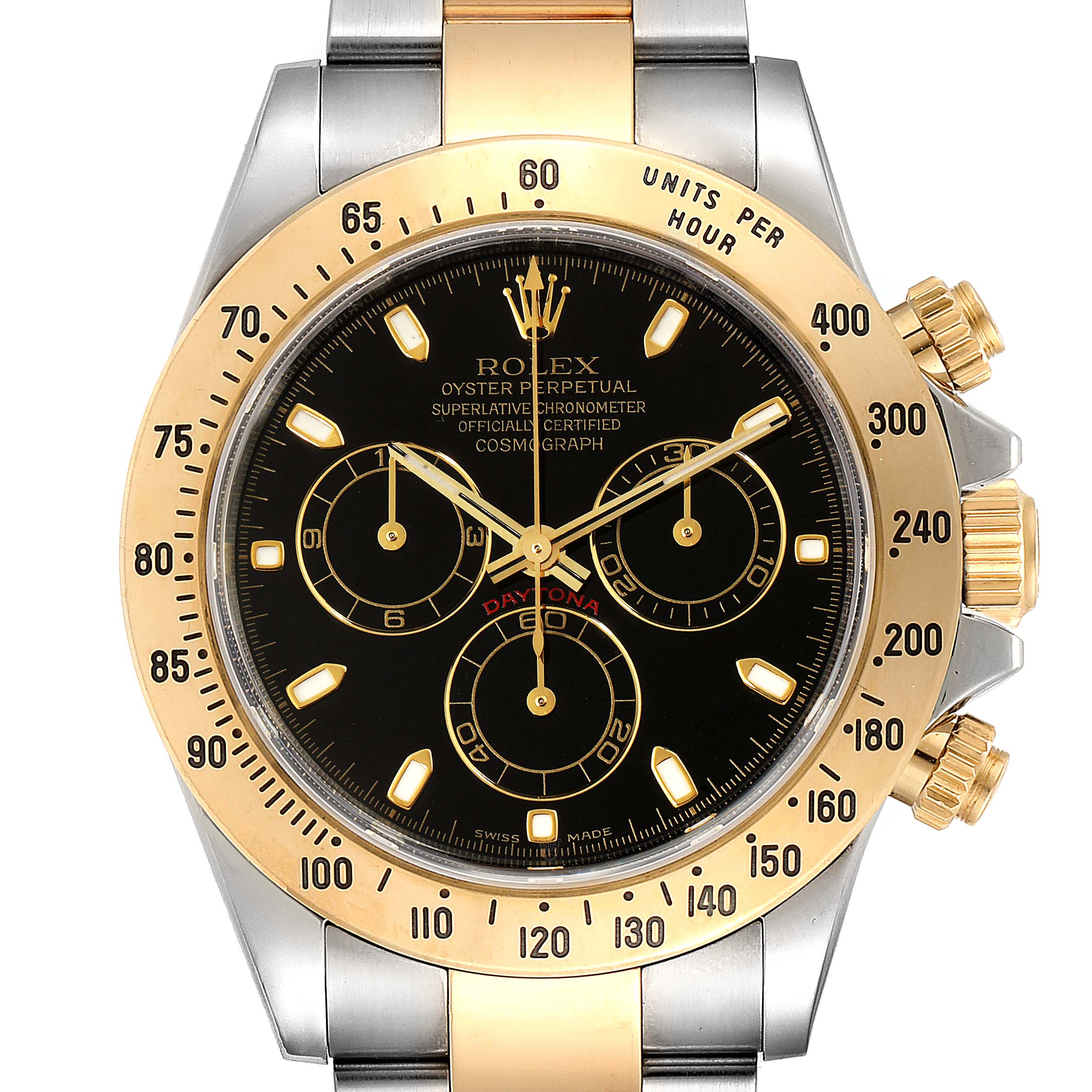This image shows a front view of the Rolex Daytona 116523 Men's Steel and Gold (two tone) Black Dial 116523 Men's Steel and Gold (two tone) Black Dial watch, highlighting the dial, bezel, and crown.