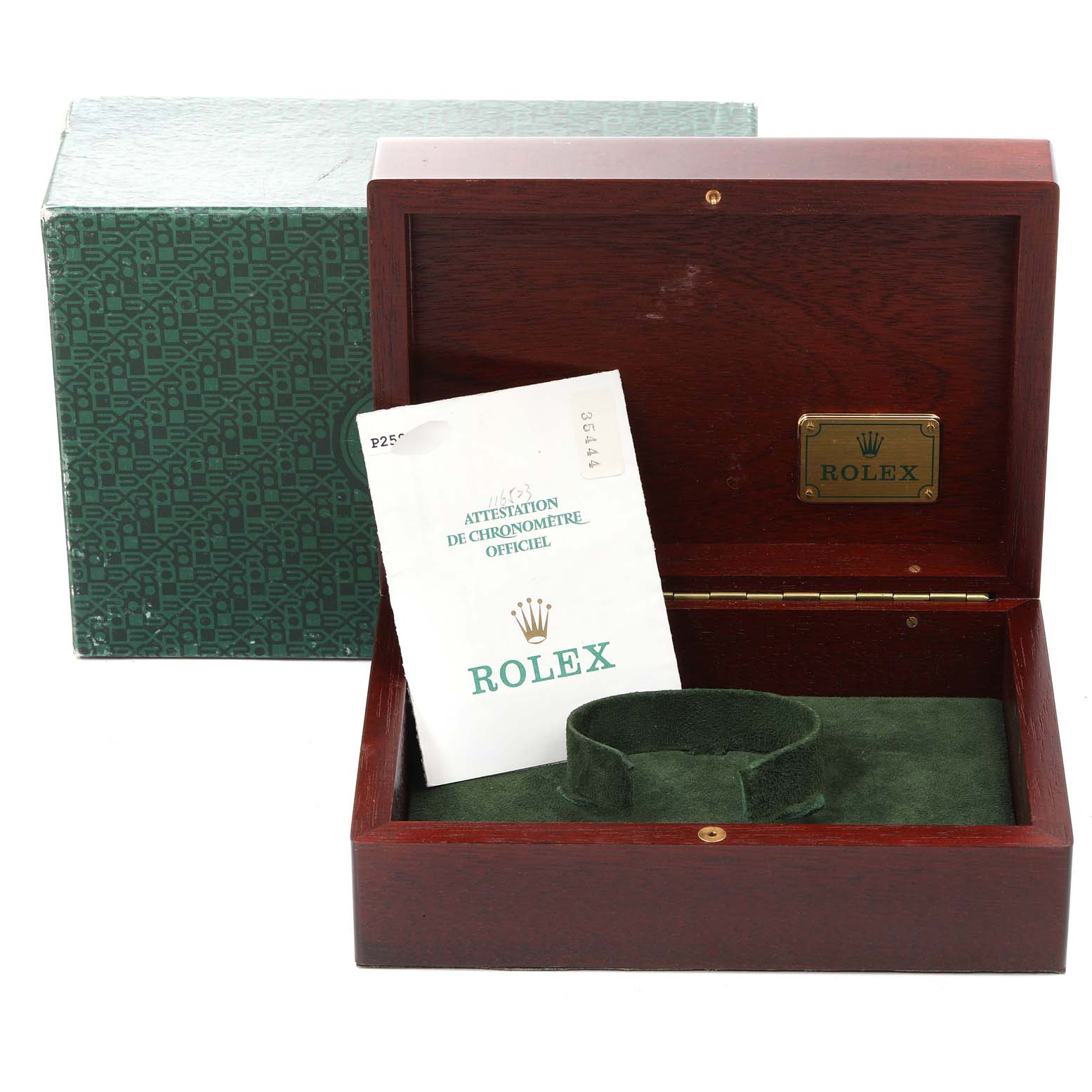 The image shows a Rolex Daytona 116523 Men's Steel and Gold (two tone) Black Dial 116523 Men's Steel and Gold (two tone) Black Dial watch box, a green inner cushion, and a certificate, viewed from the front.