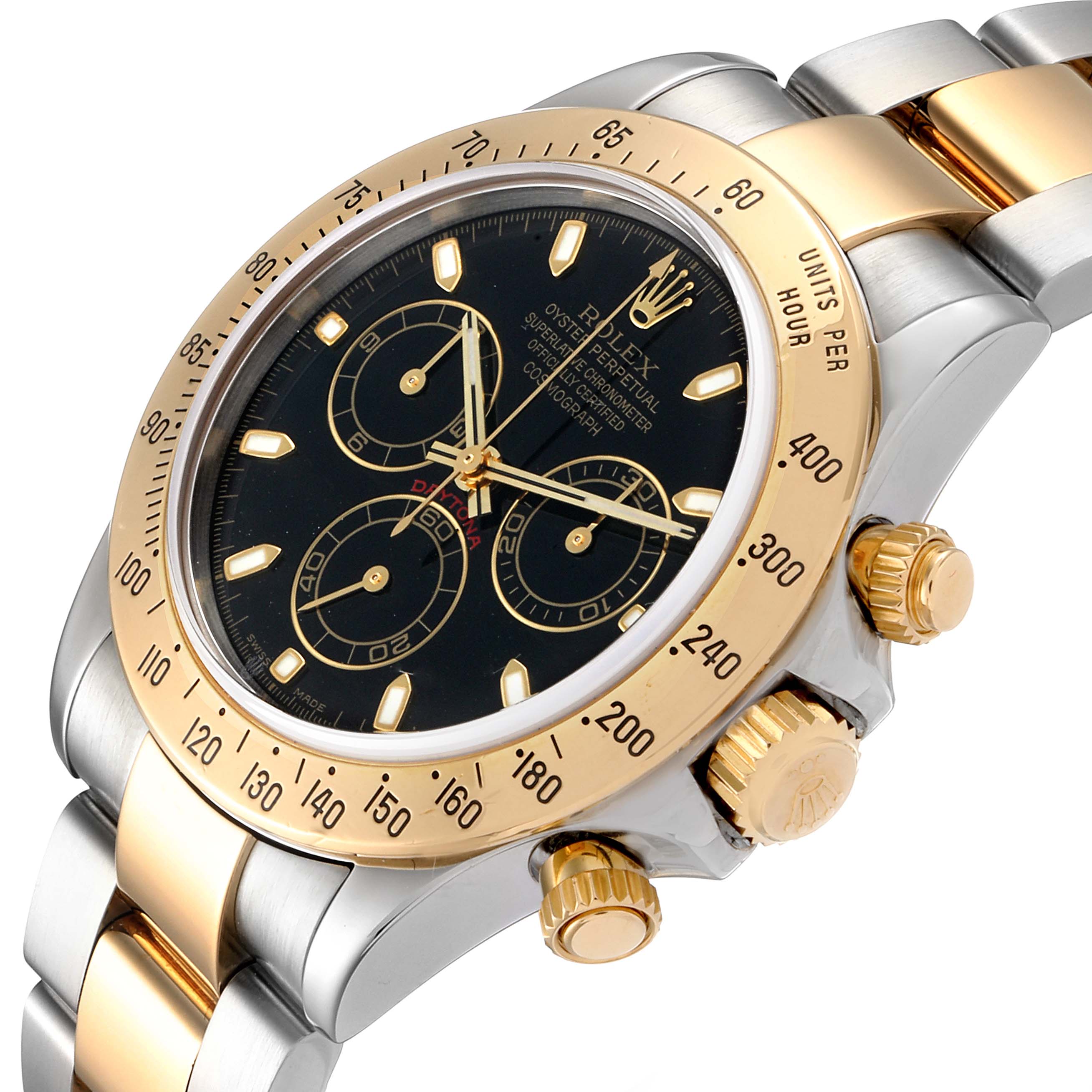 The Rolex Daytona 116523 Men's Steel and Gold (two tone) Black Dial 116523 Men's Steel and Gold (two tone) Black Dial watch is shown from a three-quarter angle, highlighting the bezel, bracelet, and chronograph pushers.