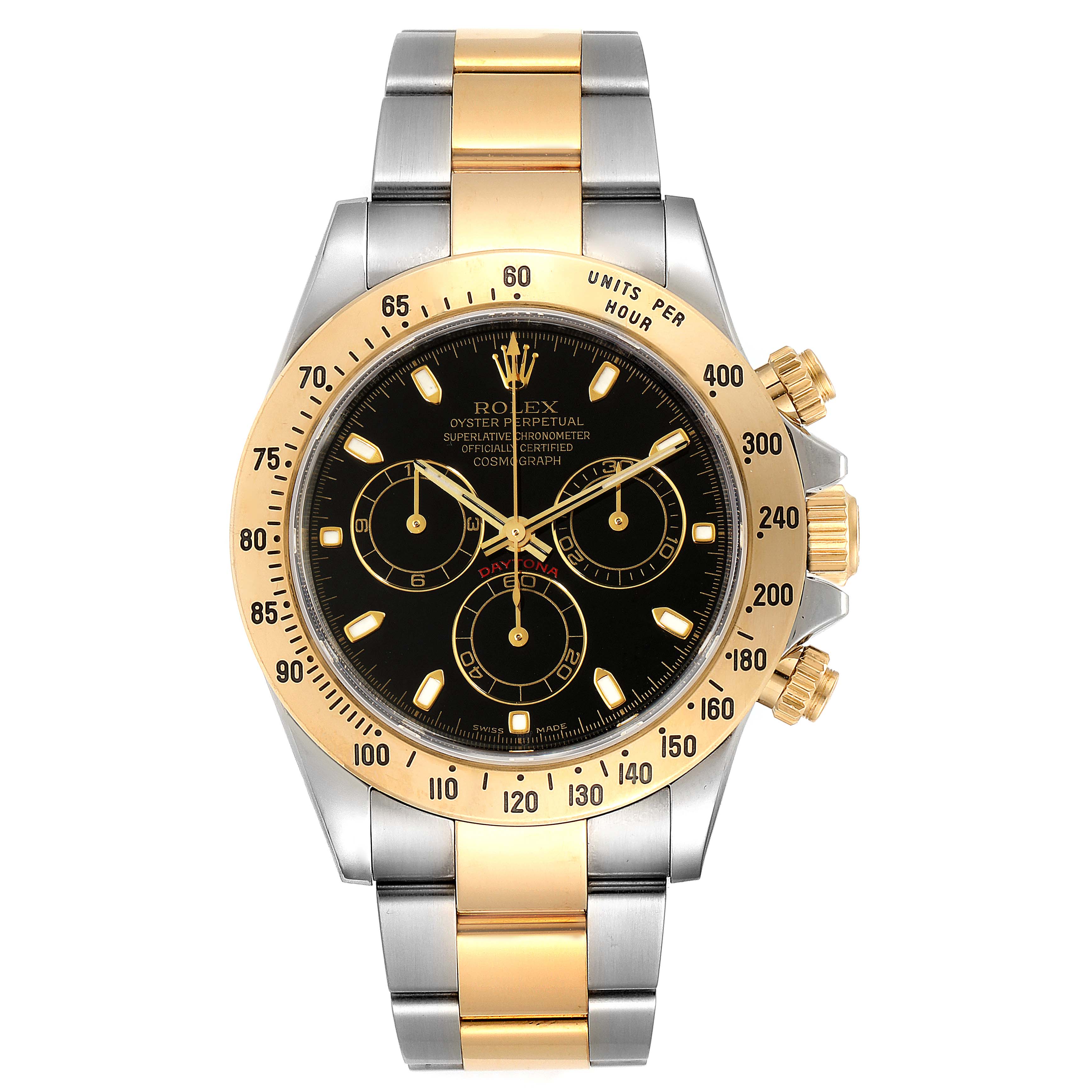 The Rolex Daytona 116523 Men's Steel and Gold (two tone) Black Dial 116523 Men's Steel and Gold (two tone) Black Dial watch is shown from the front, highlighting its black dial, gold bezel, and two-tone metal bracelet.