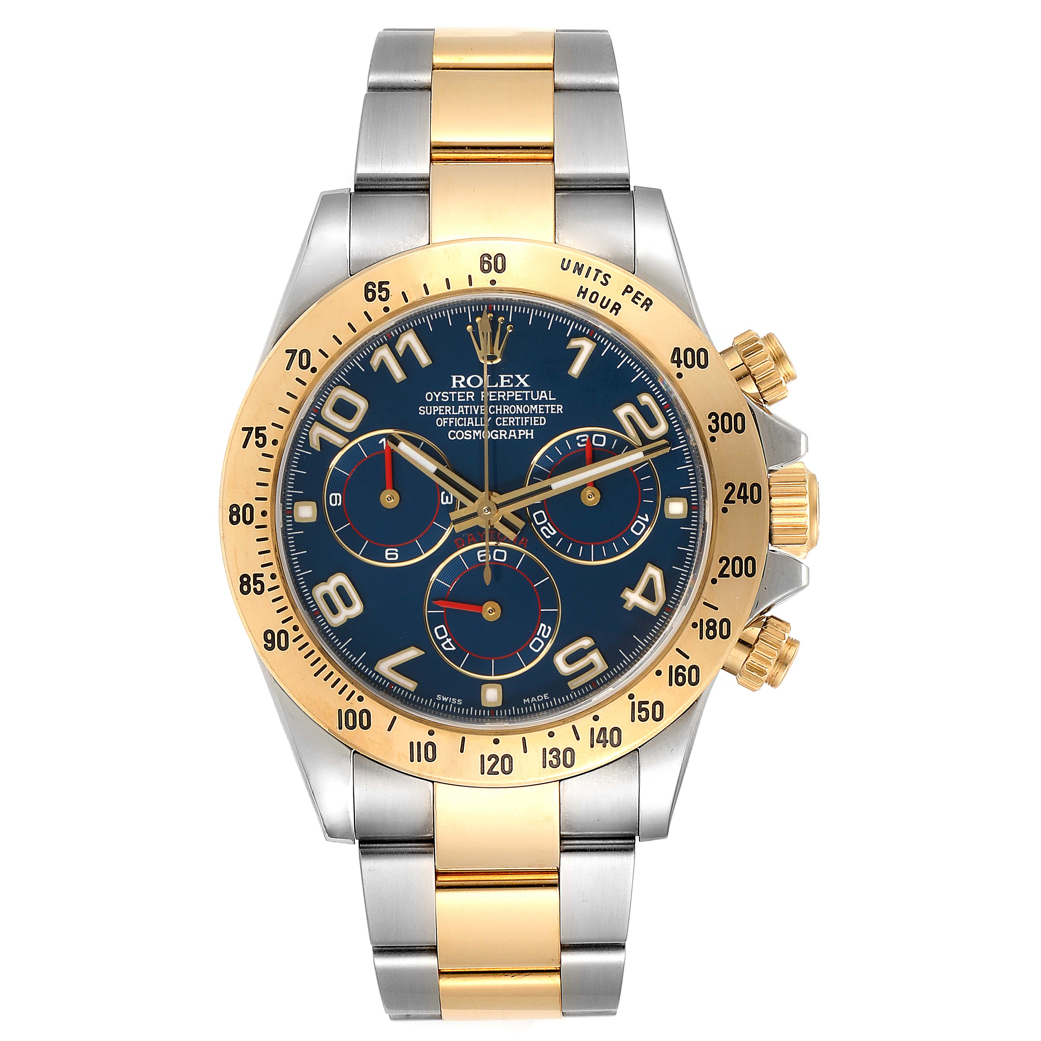 This image shows a front view of a Rolex Daytona 116523 Men
s Steel and Gold (two tone) Blue Dial 116523 Men
s Steel and Gold (two tone) Blue Dial watch with a blue dial and gold and silver bracelet.