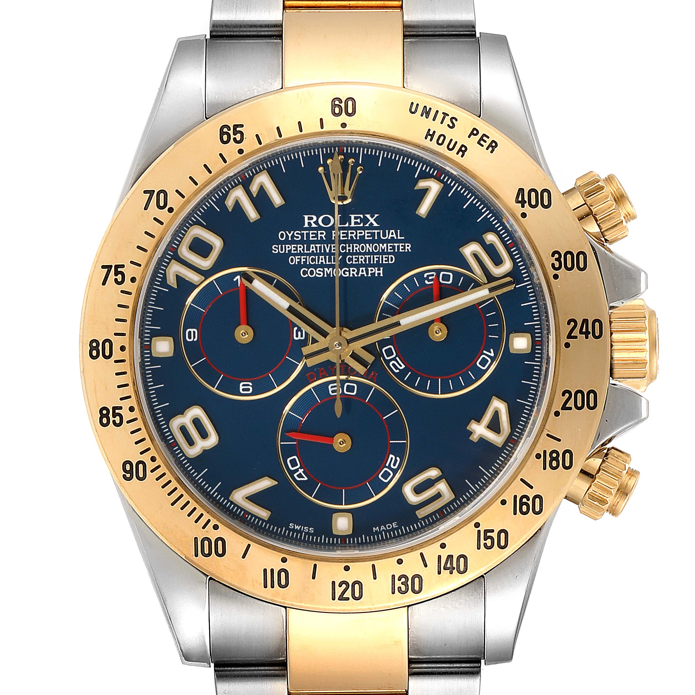 The image shows the front view of a Rolex Daytona 116523 Men
s Steel and Gold (two tone) Blue Dial 116523 Men
s Steel and Gold (two tone) Blue Dial watch, highlighting its dial, bezel, and chronograph pushers.