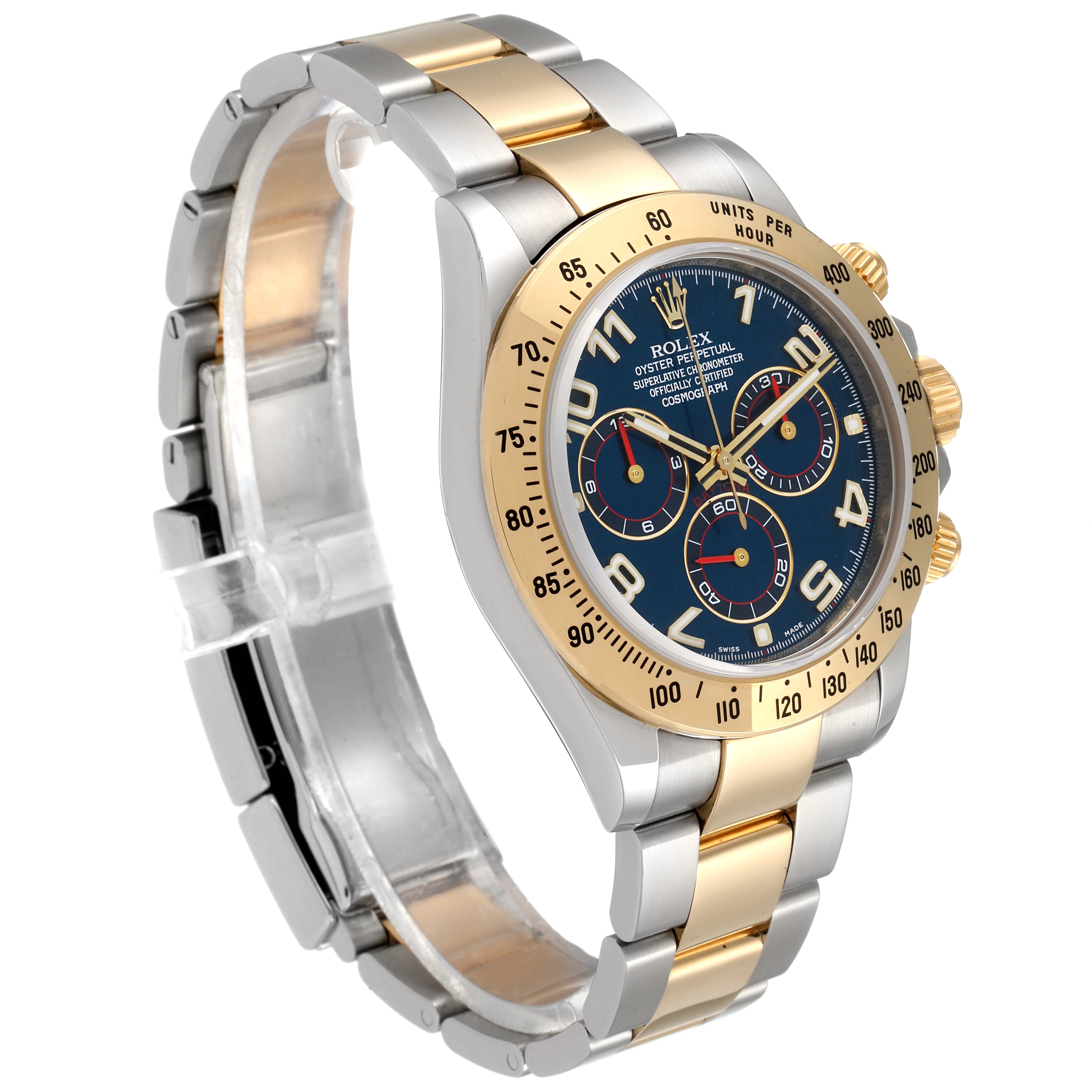 This shows a side angle of a two-tone Rolex Daytona 116523 Men
s Steel and Gold (two tone) Blue Dial 116523 Men
s Steel and Gold (two tone) Blue Dial watch, highlighting its blue dial, gold bezel, and stainless steel bracelet.