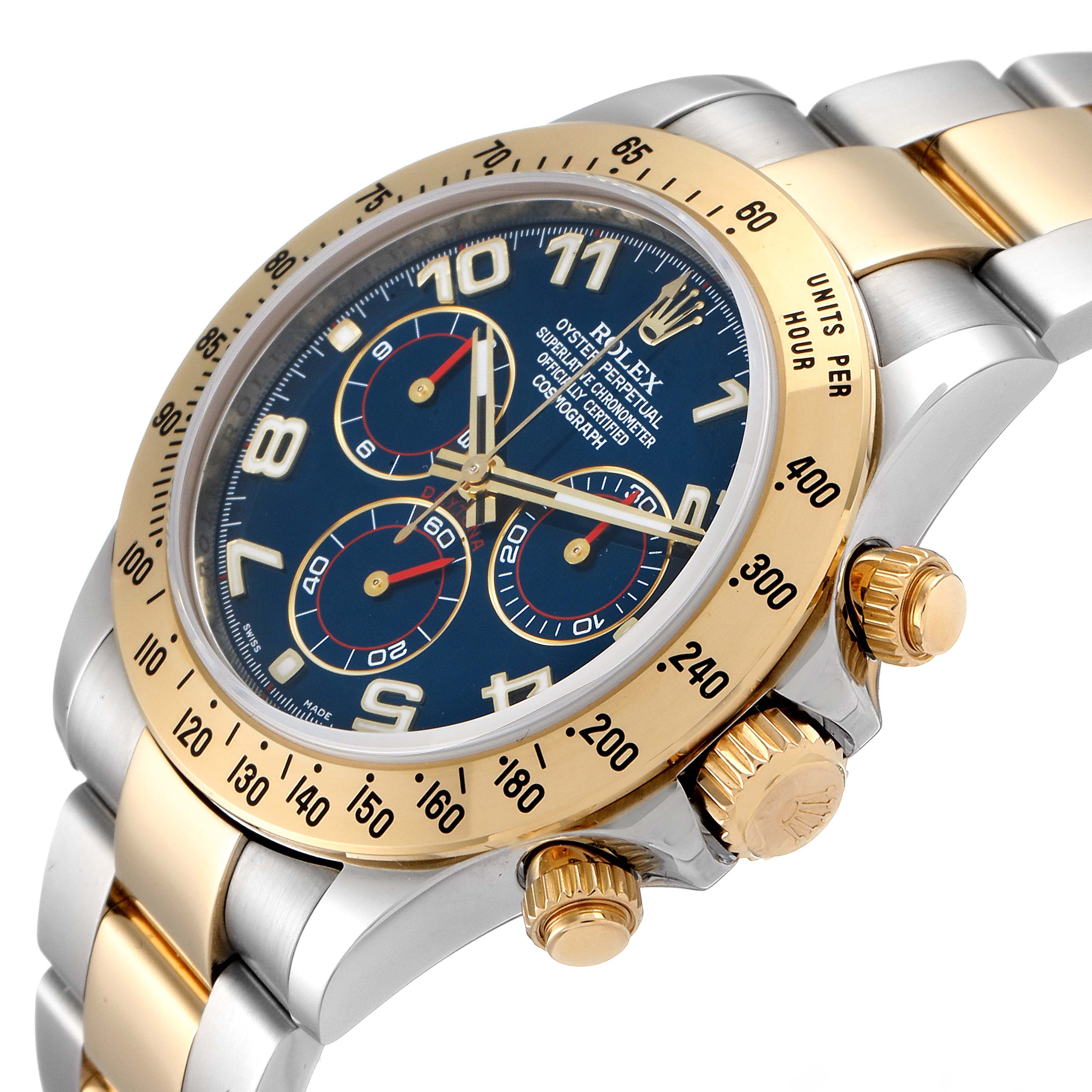 The image shows a Rolex Daytona 116523 Men
s Steel and Gold (two tone) Blue Dial 116523 Men
s Steel and Gold (two tone) Blue Dial watch at an angled view, highlighting its bezel, crown, and side pushers.