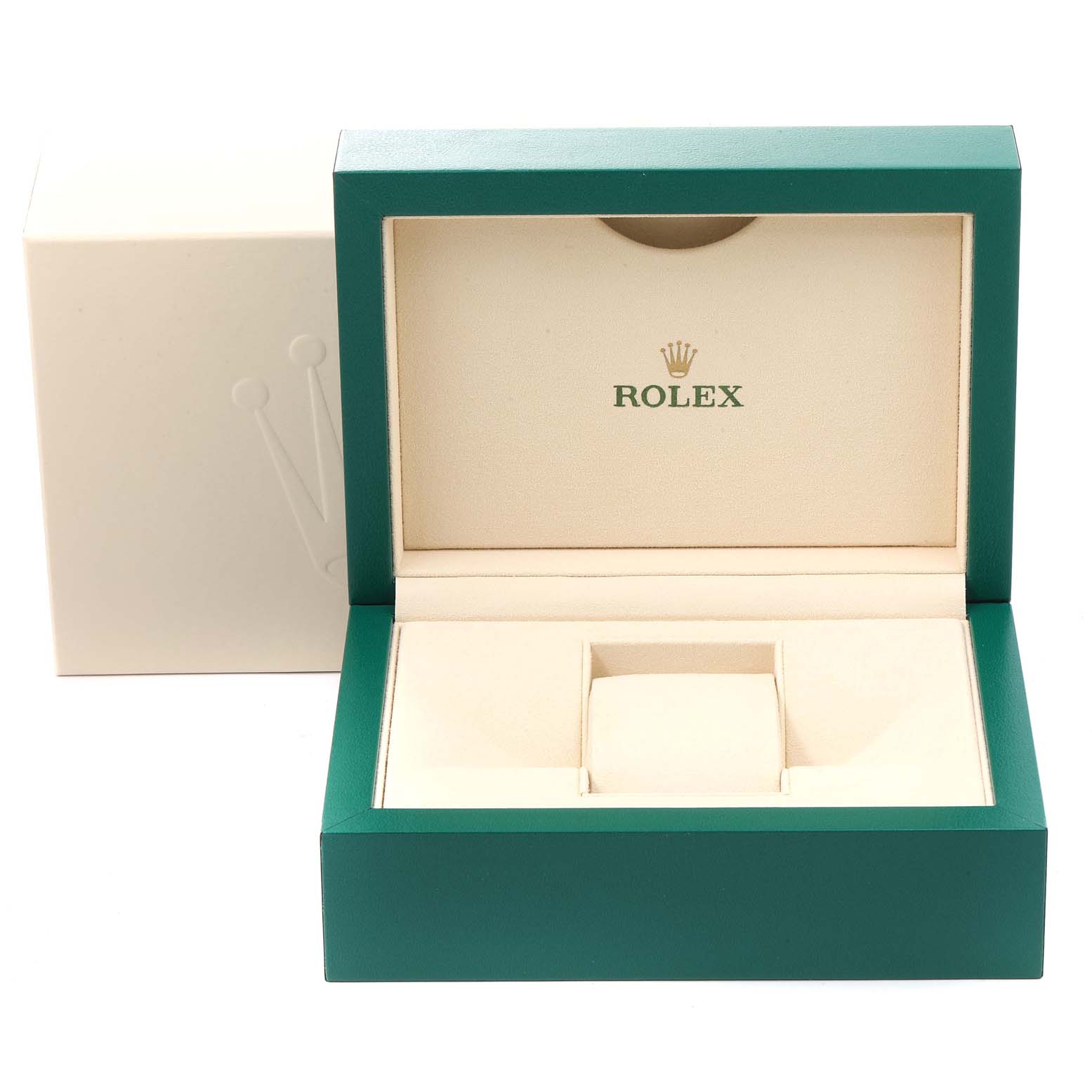 The image shows an open presentation box for the Rolex Daytona 116523 Men
s Steel and Gold (two tone) Blue Dial 116523 Men
s Steel and Gold (two tone) Blue Dial, showcasing the interior and the brand logo.