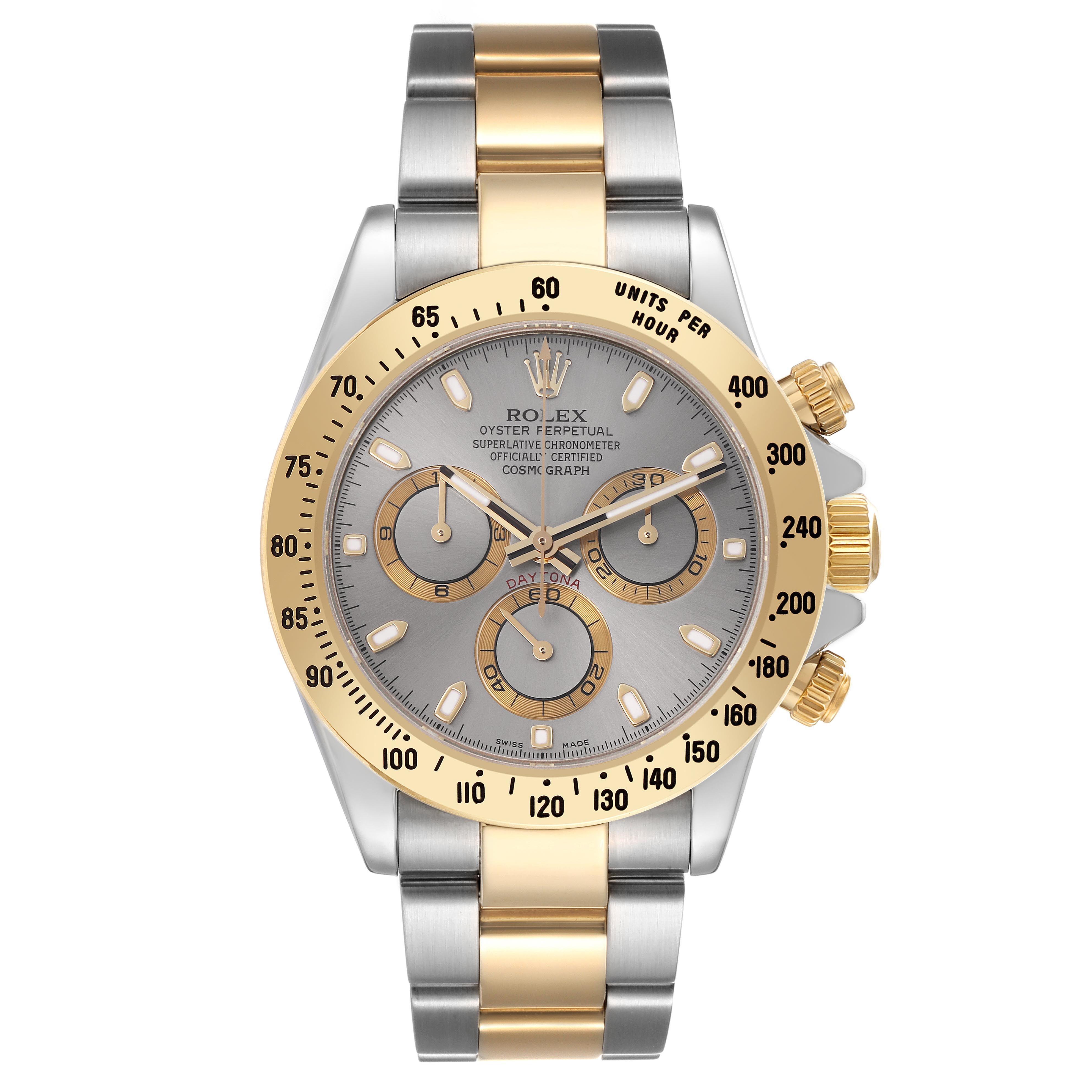 The Rolex Daytona 116523 Men's Steel and Gold (two tone) Grey Dial 116523 Men's Steel and Gold (two tone) Grey Dial watch is shown from a top-down angle, highlighting the bezel, dial, subdials, and bracelet.