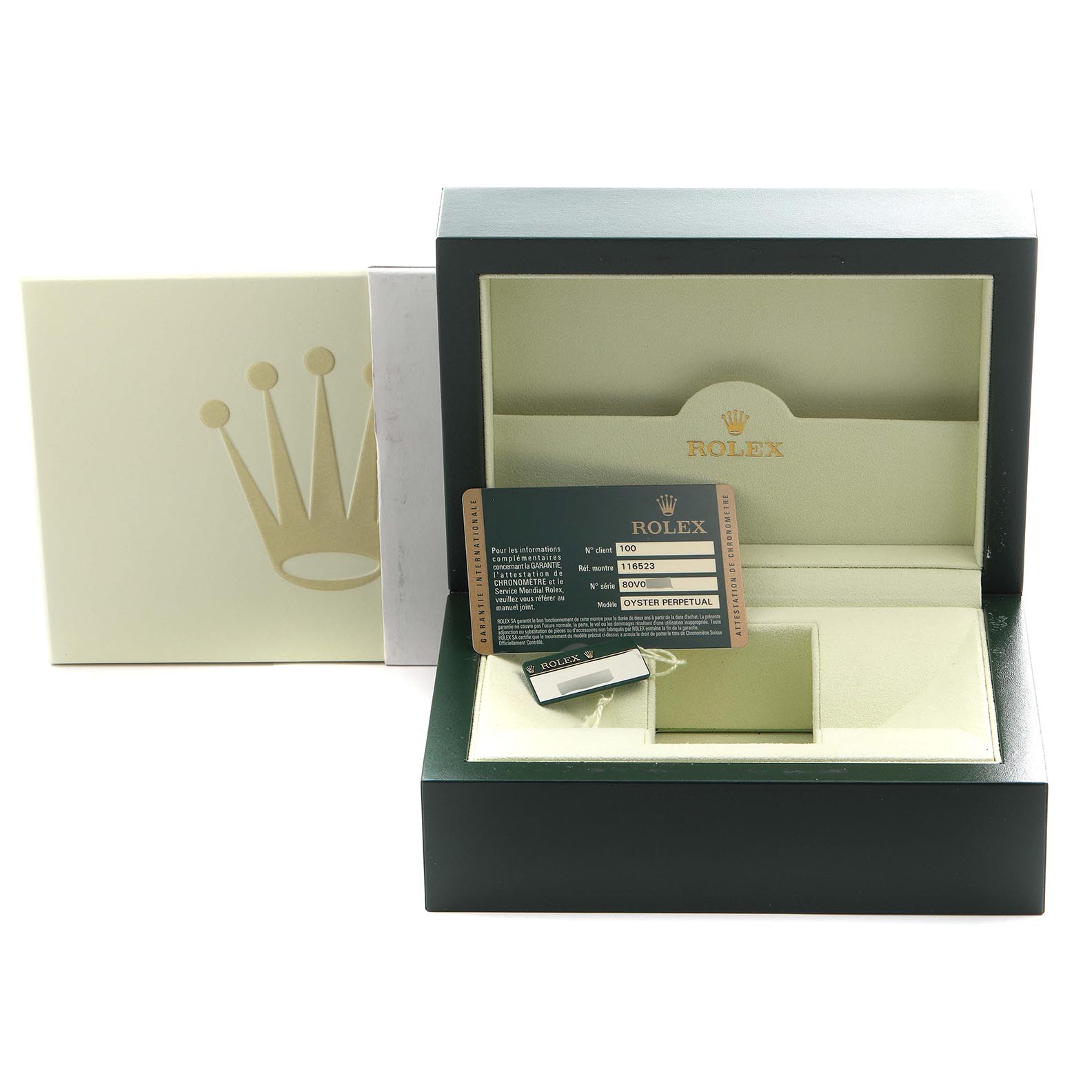 The image shows a Rolex Daytona 116523 Men's Steel and Gold (two tone) Grey Dial 116523 Men's Steel and Gold (two tone) Grey Dial watch box, warranty card, and a hang tag from a front angle without the watch.