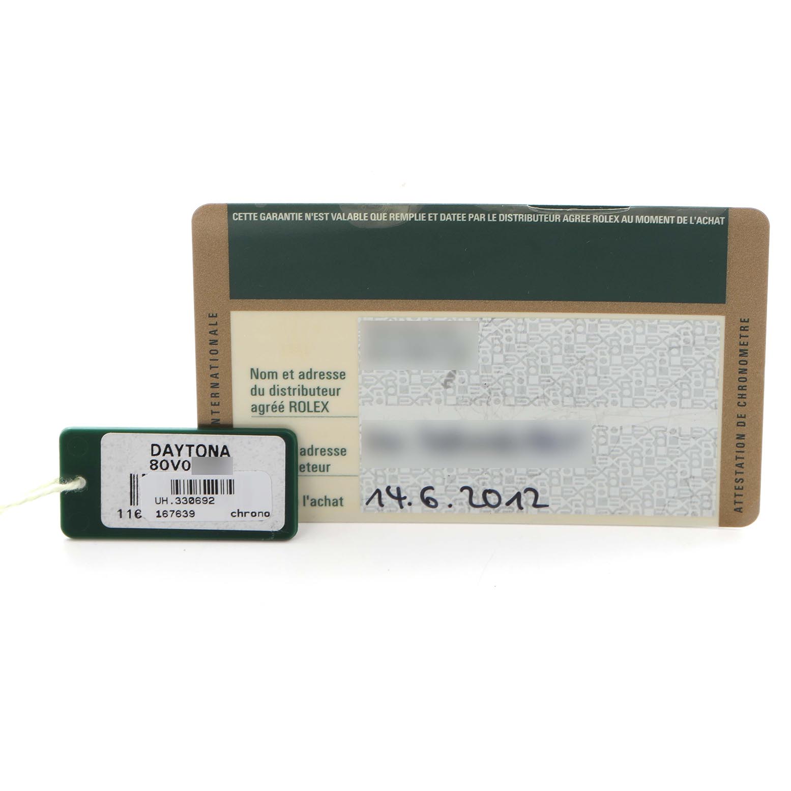 The image shows a Rolex Daytona 116523 Men's Steel and Gold (two tone) Grey Dial 116523 Men's Steel and Gold (two tone) Grey Dial model tag and warranty card, viewed from the front.