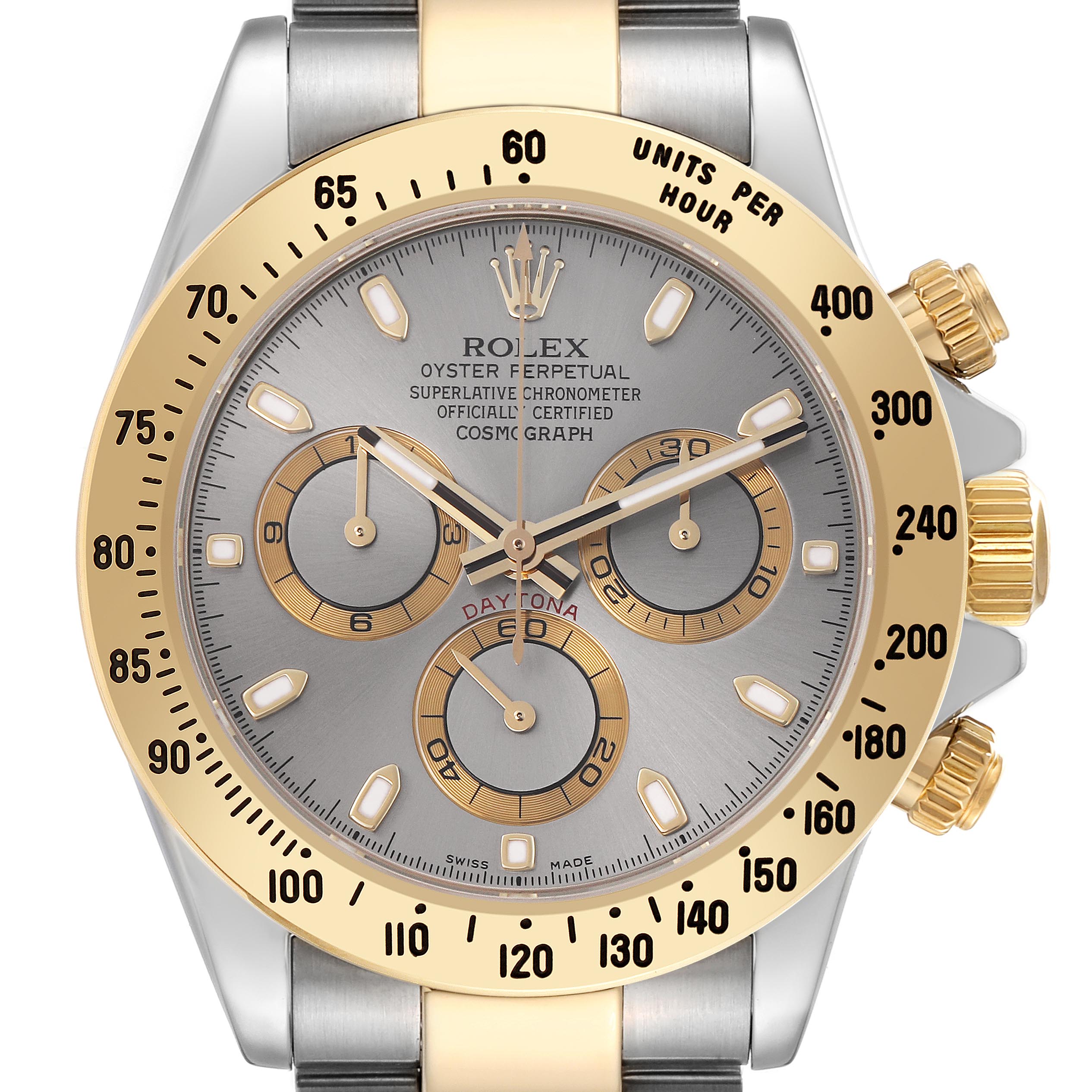 The Rolex Daytona 116523 Men's Steel and Gold (two tone) Grey Dial 116523 Men's Steel and Gold (two tone) Grey Dial watch is shown from a frontal angle, highlighting its dial, bezel, and chronograph sub-dials.