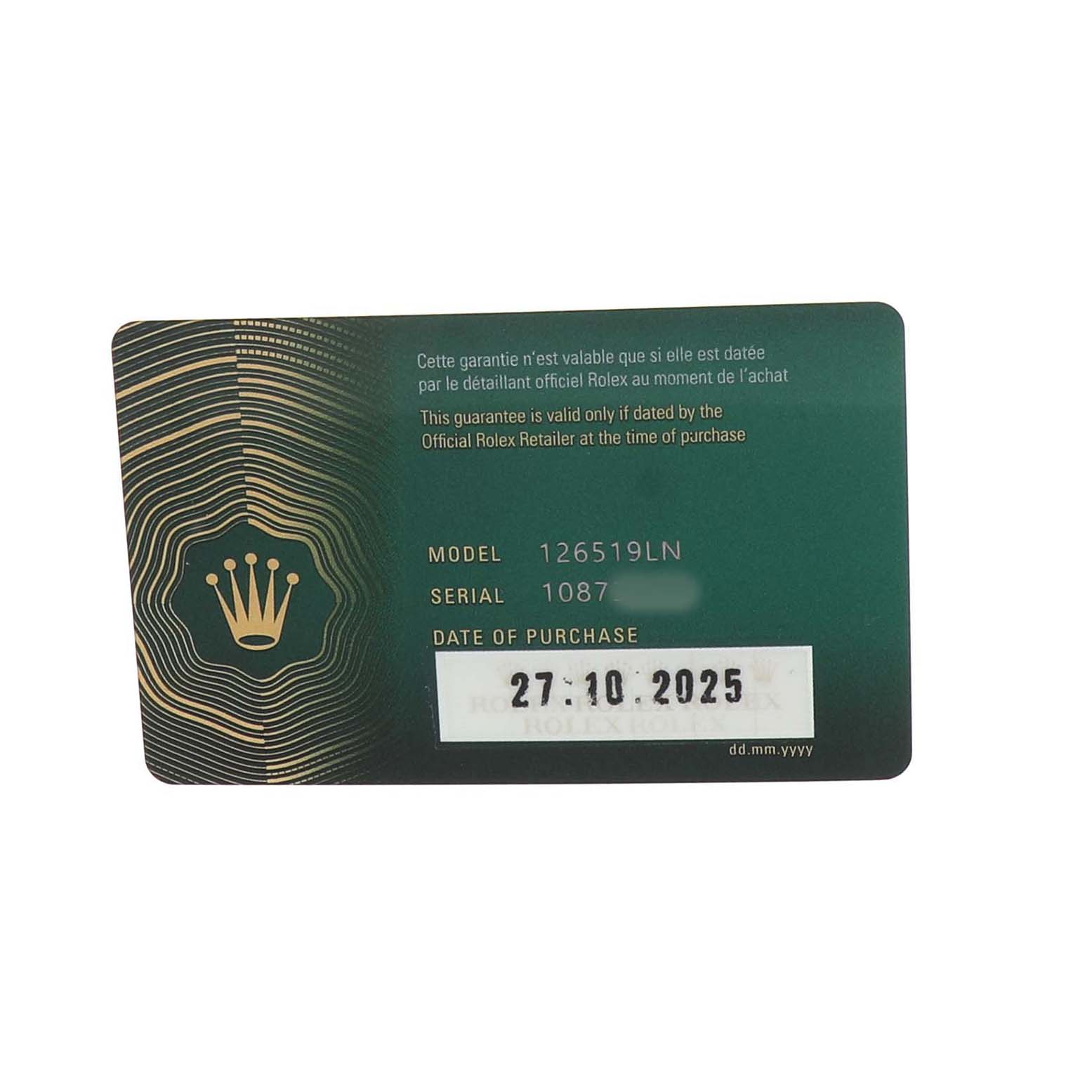 The image shows the warranty card of a Rolex Daytona 126519 Men's White Gold Black Dial model, displaying the model number and purchase date.