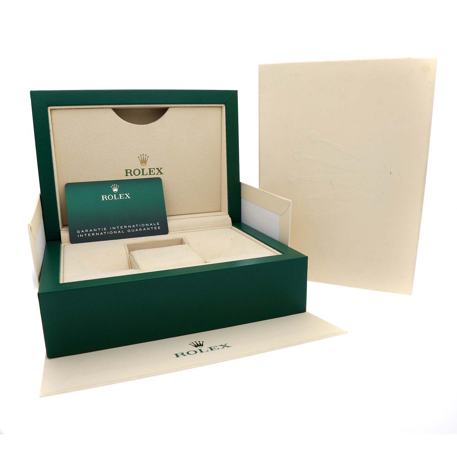 The image shows a Rolex Daytona 126519 Men's White Gold Black Dial watch box, open with a guarantee card inside.