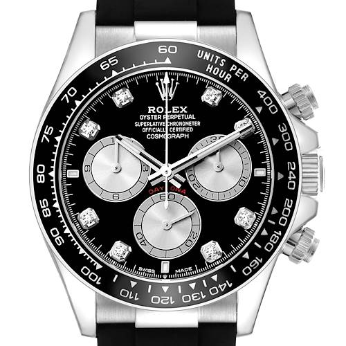 The Rolex Daytona 126519 Men's White Gold Black Dial watch is shown from the front, highlighting its black dial, chronograph subdials, and bezel with engraved tachymetric scale.