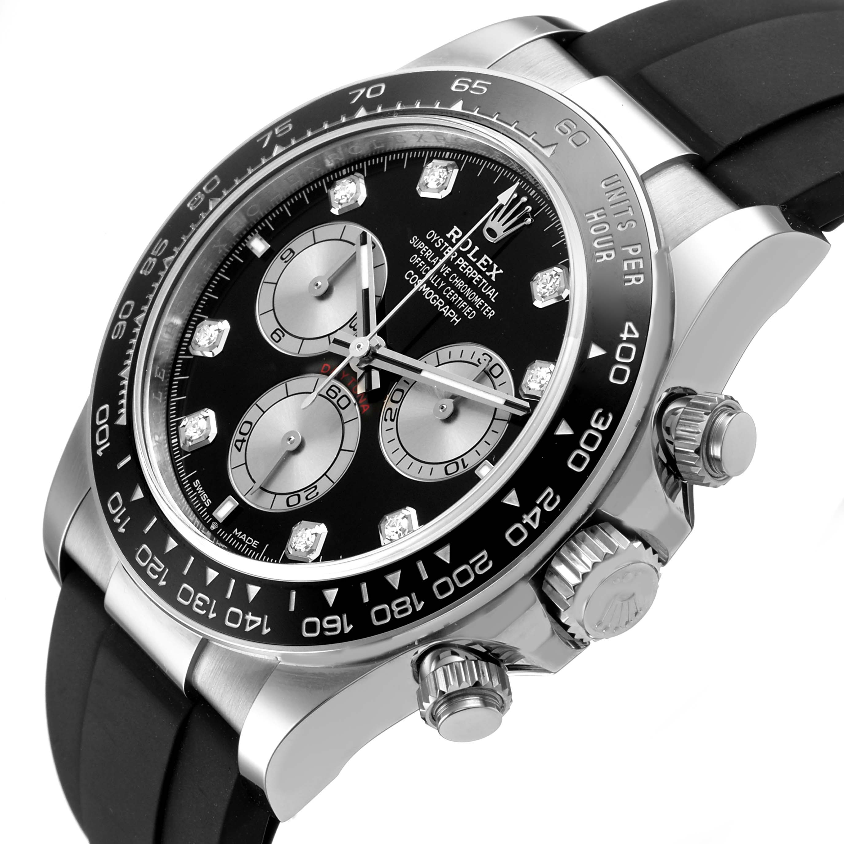 The Rolex Daytona 126519 Men's White Gold Black Dial watch is shown at a slight angle, featuring the dial, bezel, pushers, and black strap.