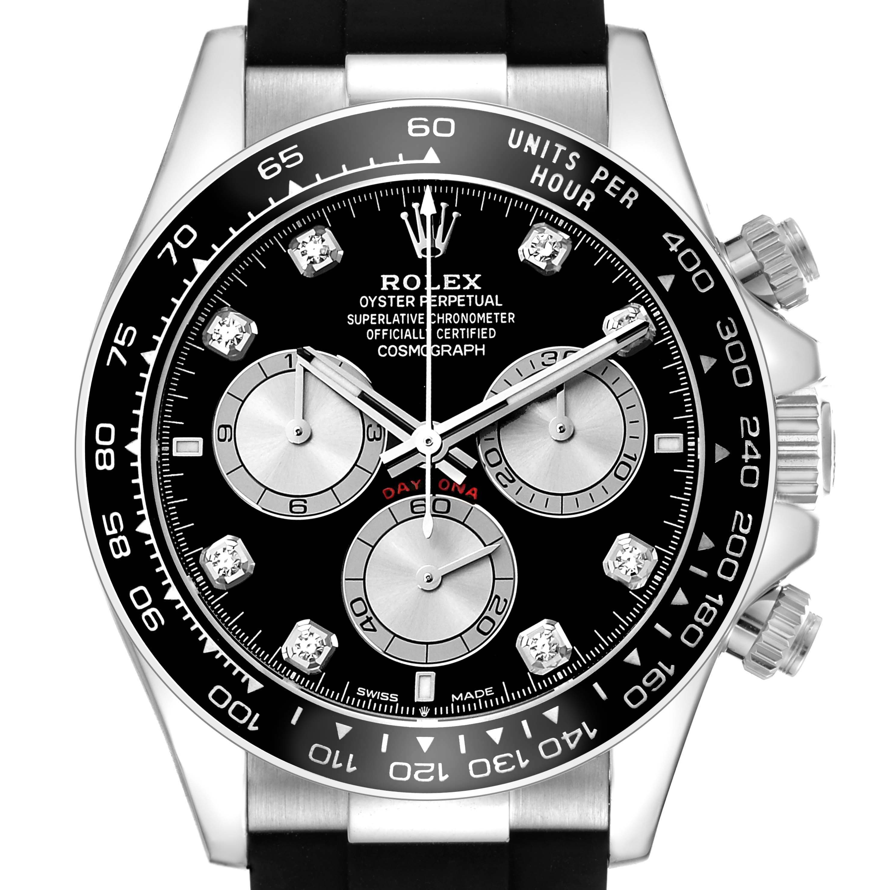 The Rolex Daytona 126519 Men's White Gold Black Dial watch is shown from the front, highlighting the dial, bezel, subdials, and crown.