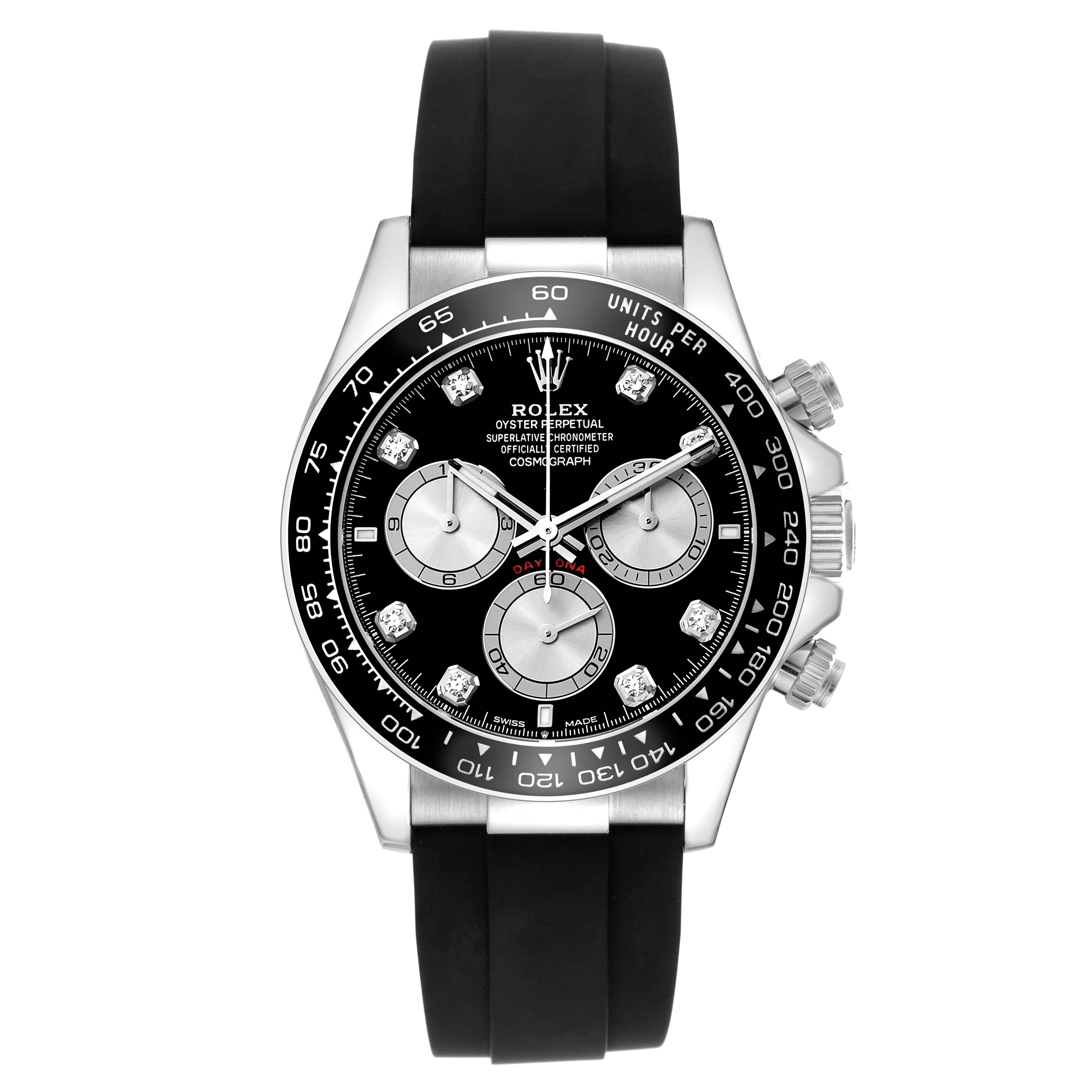 The Rolex Daytona 126519 Men's White Gold Black Dial watch is shown from a front angle, displaying the black dial, bezel, three subdials, and a black strap.