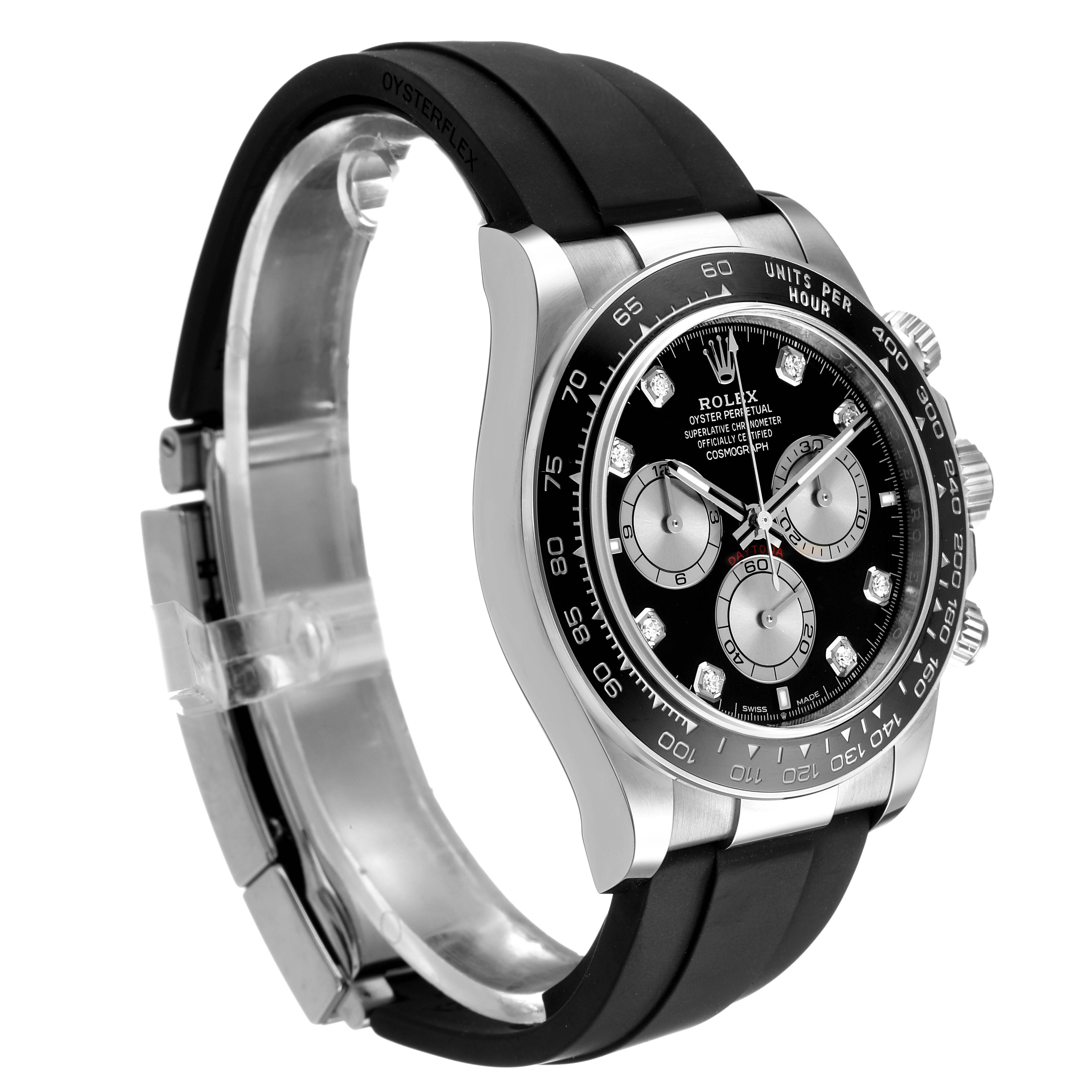 The Rolex Daytona 126519 Men's White Gold Black Dial watch is shown at a three-quarter angle highlighting the face, bezel, pushers, and Oysterflex bracelet.