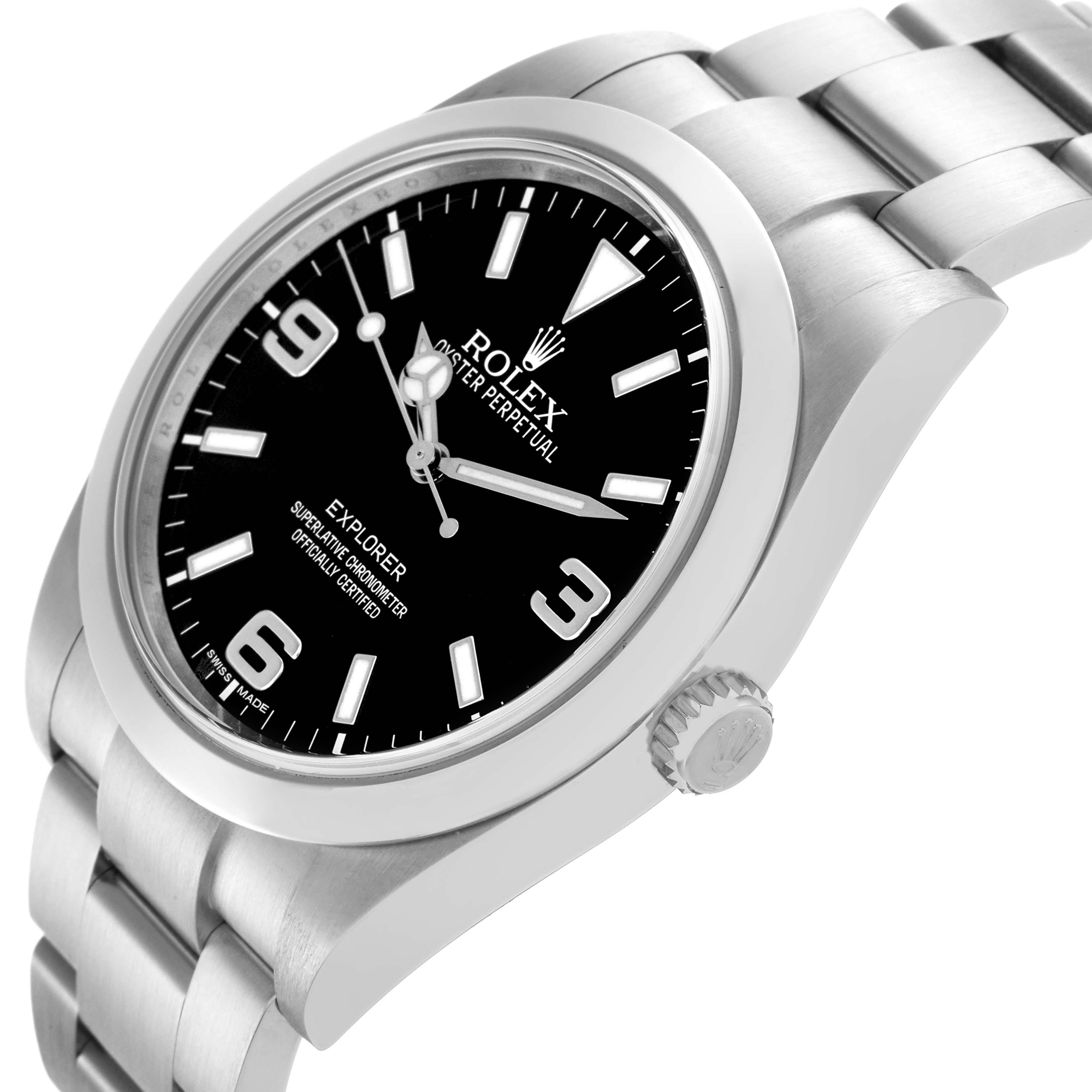 The Rolex Explorer 214270 Men's Stainless Steel Black Dial 214270 Men's Stainless Steel Black Dial watch is shown at a slight angle, highlighting the face, bezel, crown, and part of the bracelet.