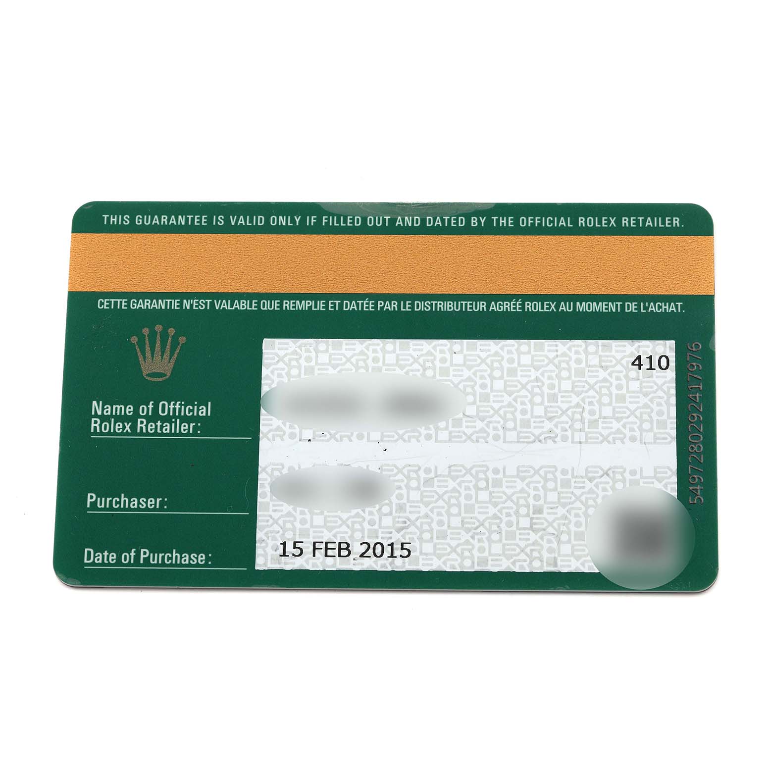 This is a warranty card for a Rolex Explorer 214270 Men's Stainless Steel Black Dial 214270 Men's Stainless Steel Black Dial watch, shown flat from above.