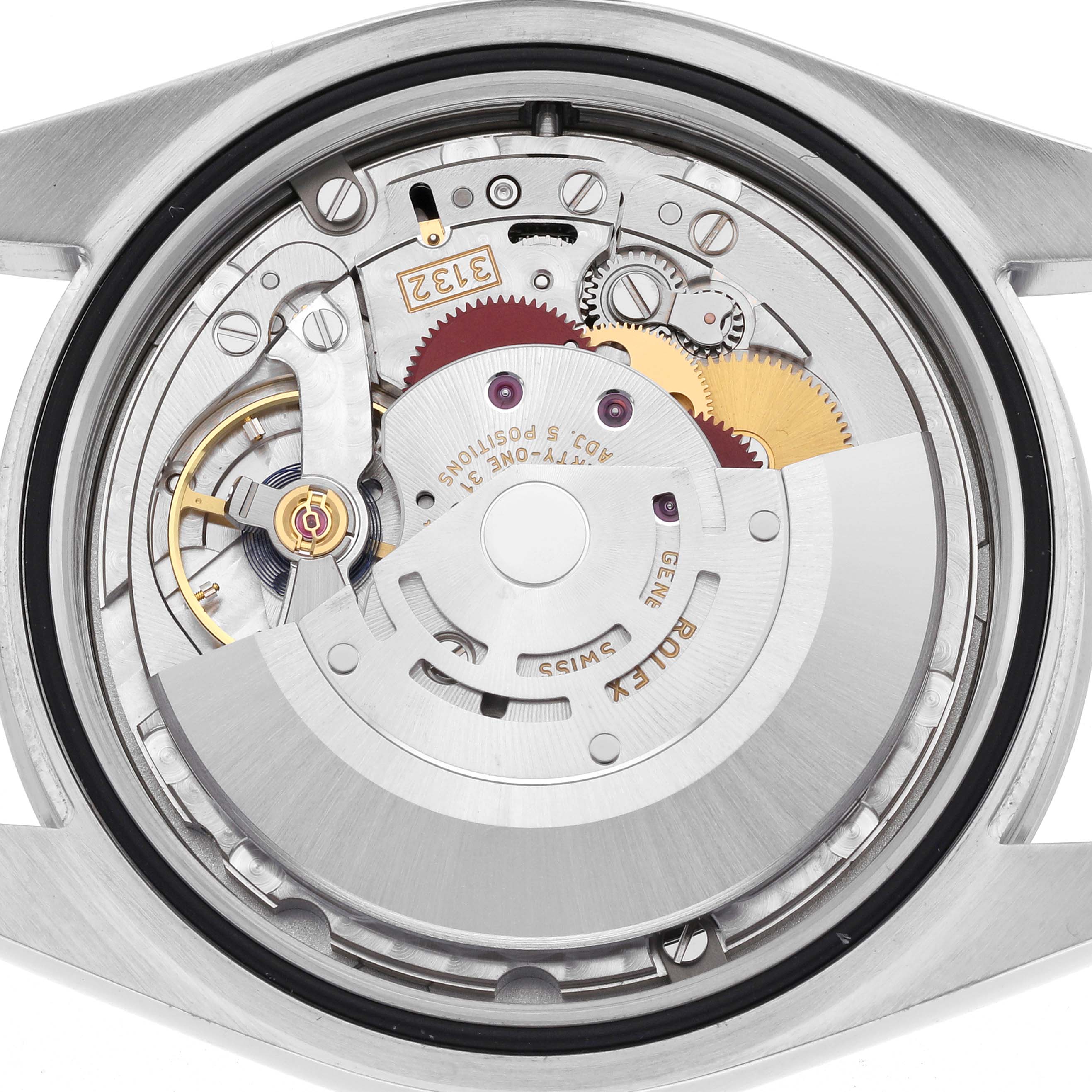 The image shows the back view of a Rolex Explorer 214270 Men's Stainless Steel Black Dial 214270 Men's Stainless Steel Black Dial, highlighting its internal movement and components.