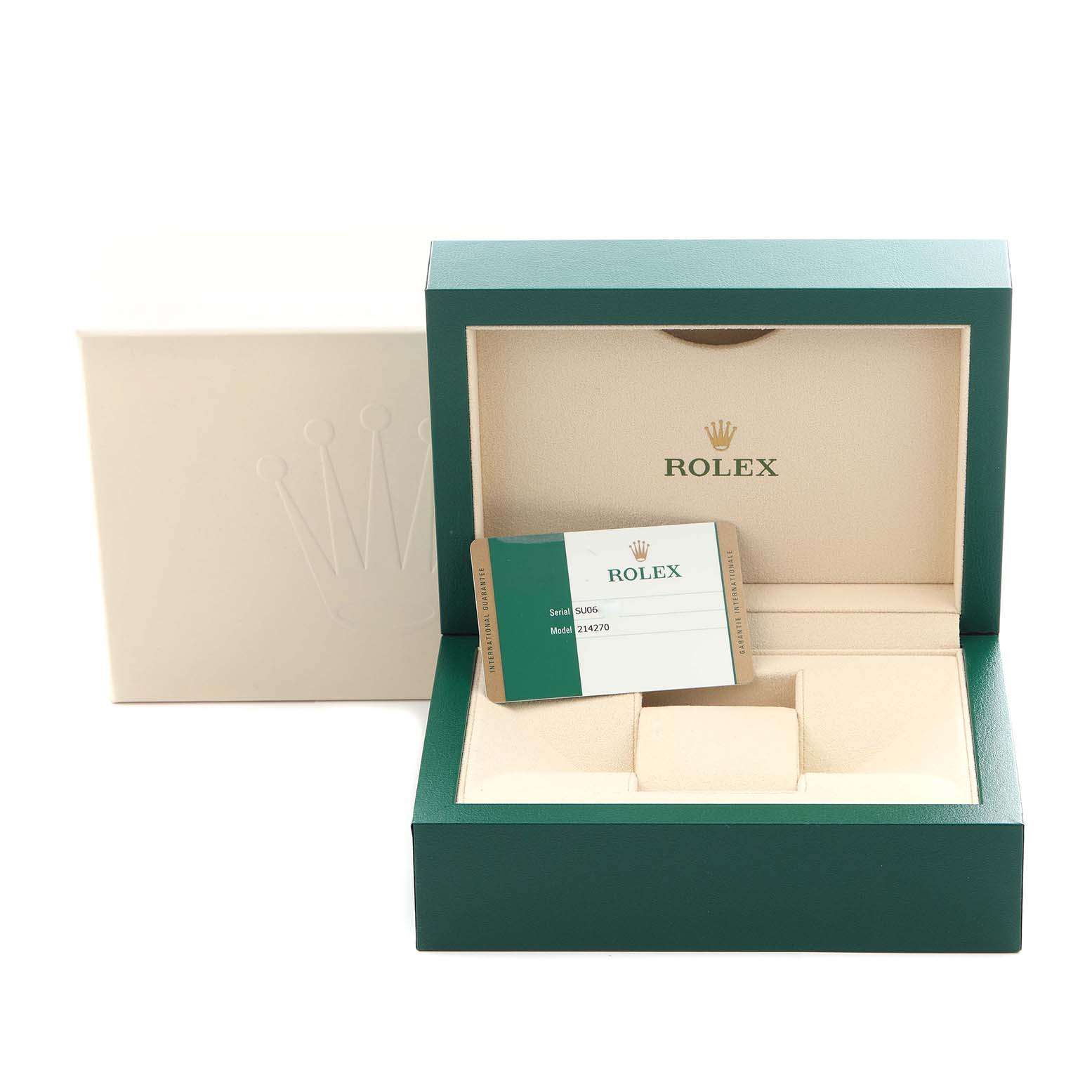 The image shows an open Rolex Explorer 214270 Men's Stainless Steel Black Dial 214270 Men's Stainless Steel Black Dial watch box with an information card, featuring the green and beige interior.