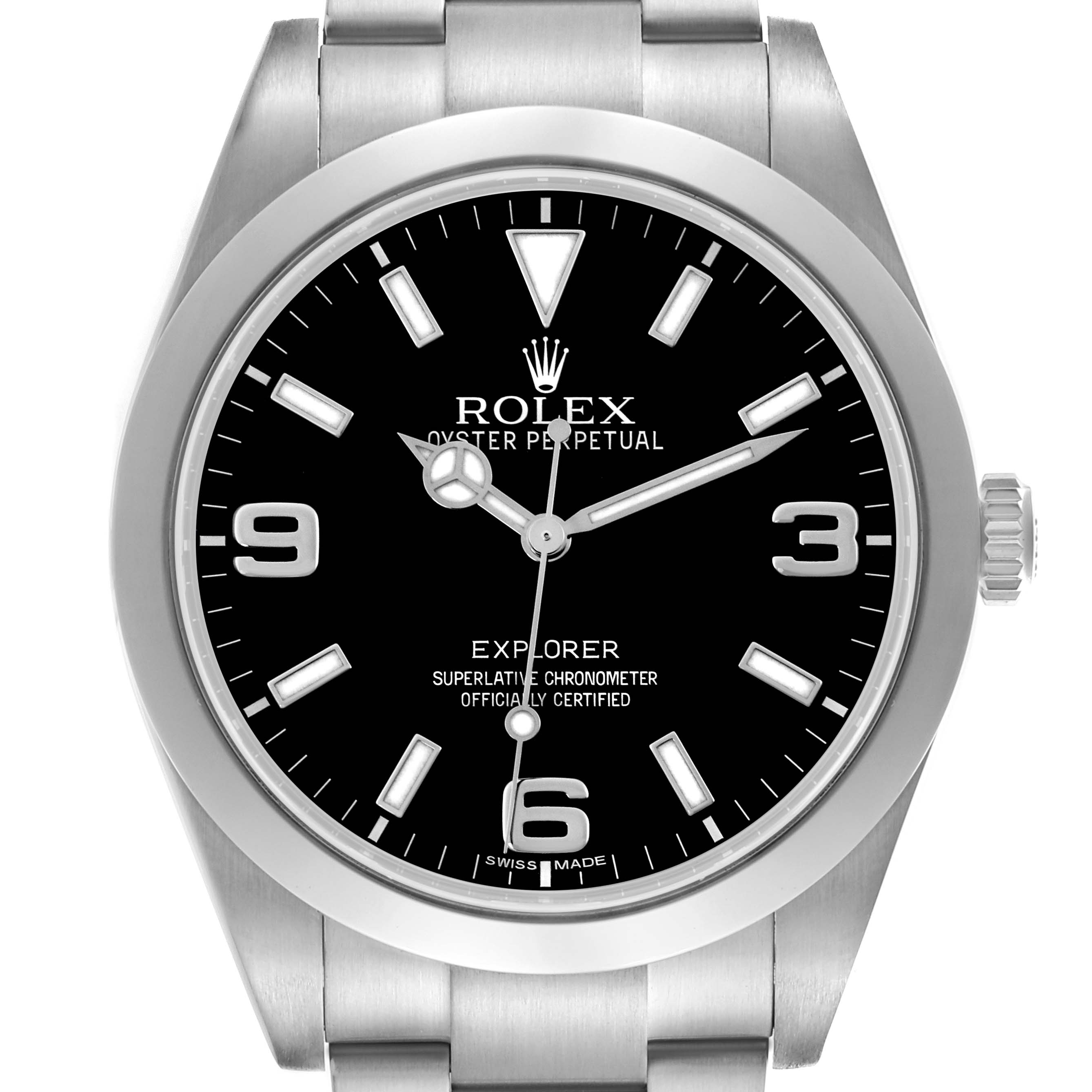 The Rolex Explorer 214270 Men's Stainless Steel Black Dial 214270 Men's Stainless Steel Black Dial watch is shown in a front view, highlighting its dial, bezel, and part of the bracelet.