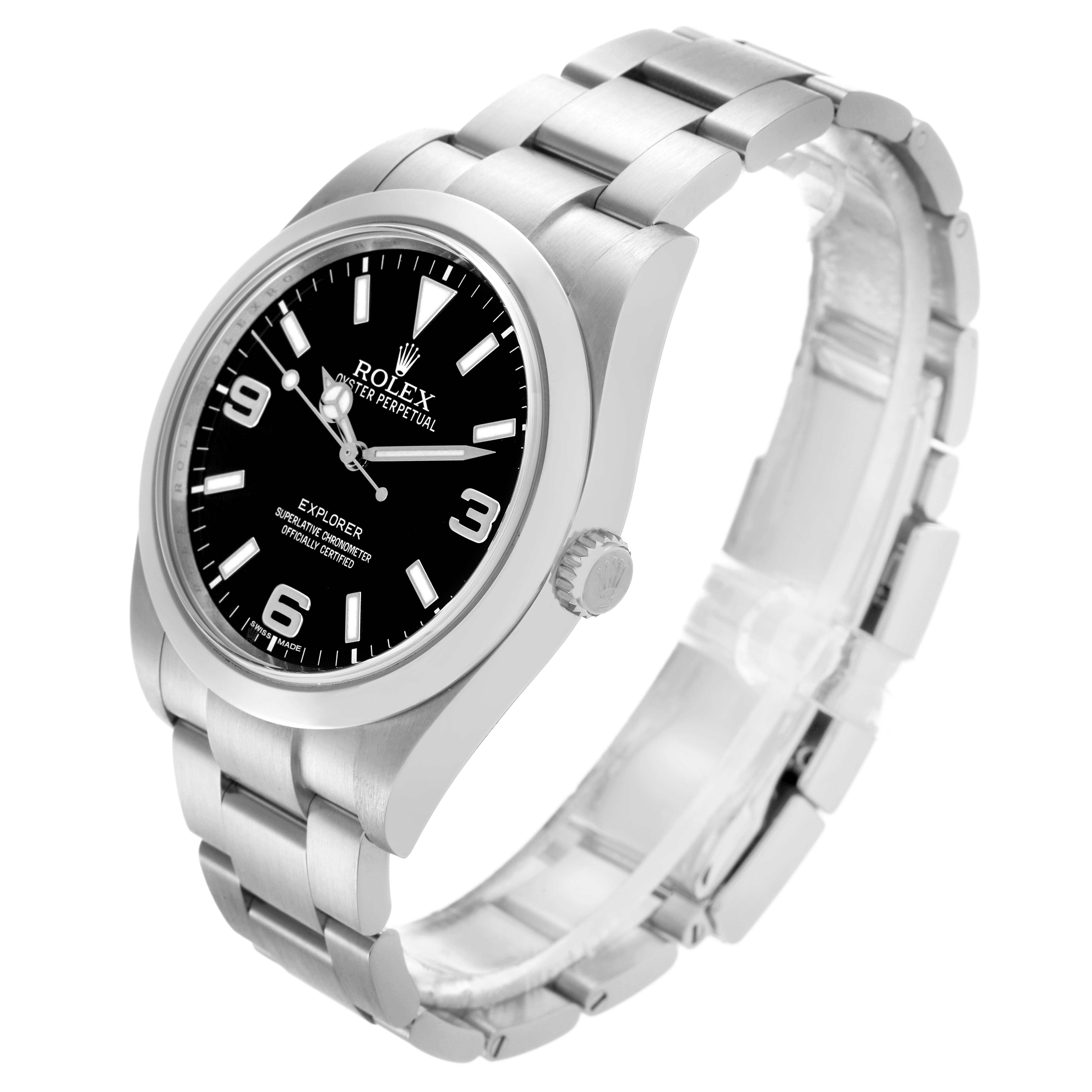 The Rolex Explorer 214270 Men's Stainless Steel Black Dial 214270 Men's Stainless Steel Black Dial is shown at a three-quarter angle, displaying the dial, bezel, crown, and bracelet links.