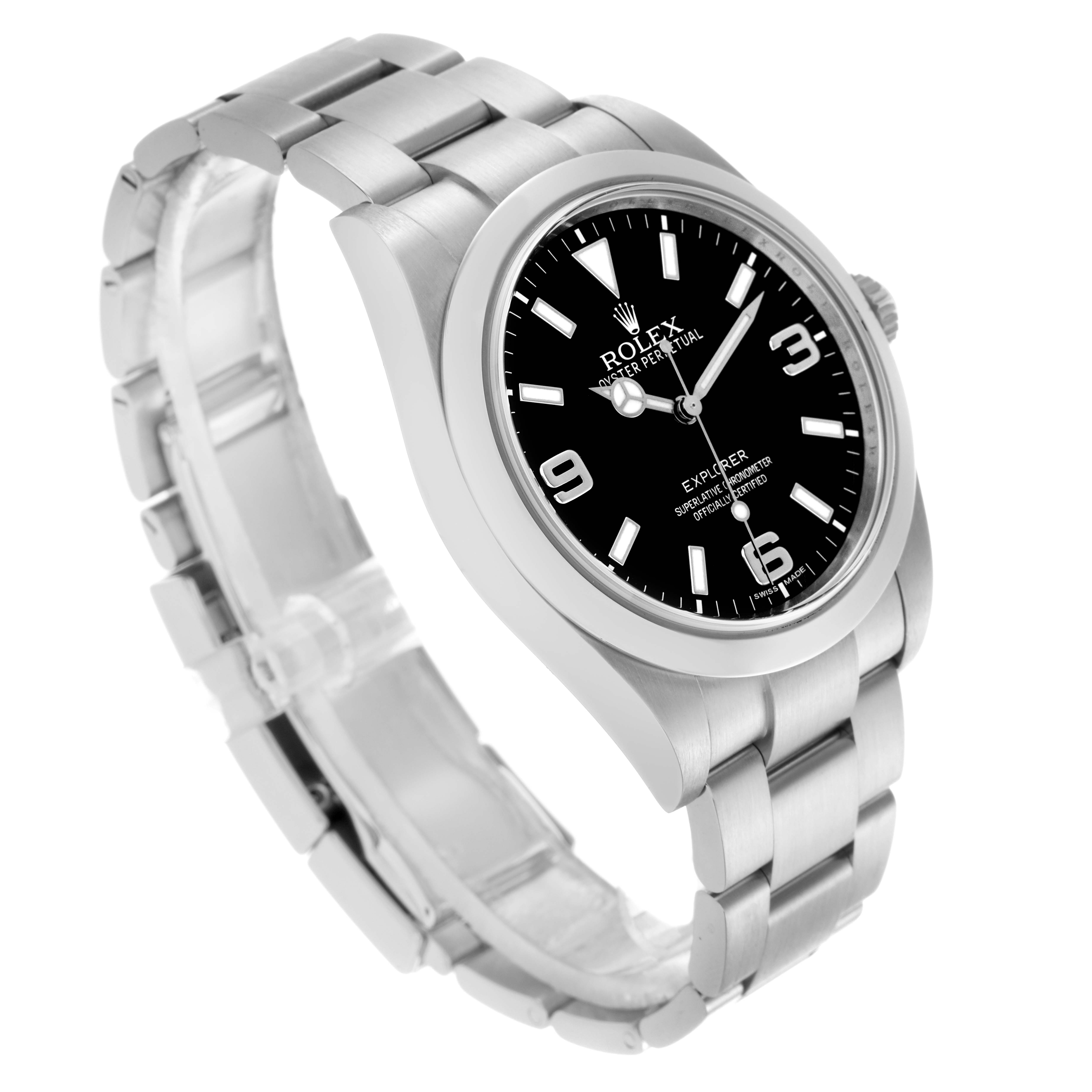 The Rolex Explorer 214270 Men's Stainless Steel Black Dial 214270 Men's Stainless Steel Black Dial watch is shown at an angled view, highlighting the bracelet, case, and black dial.