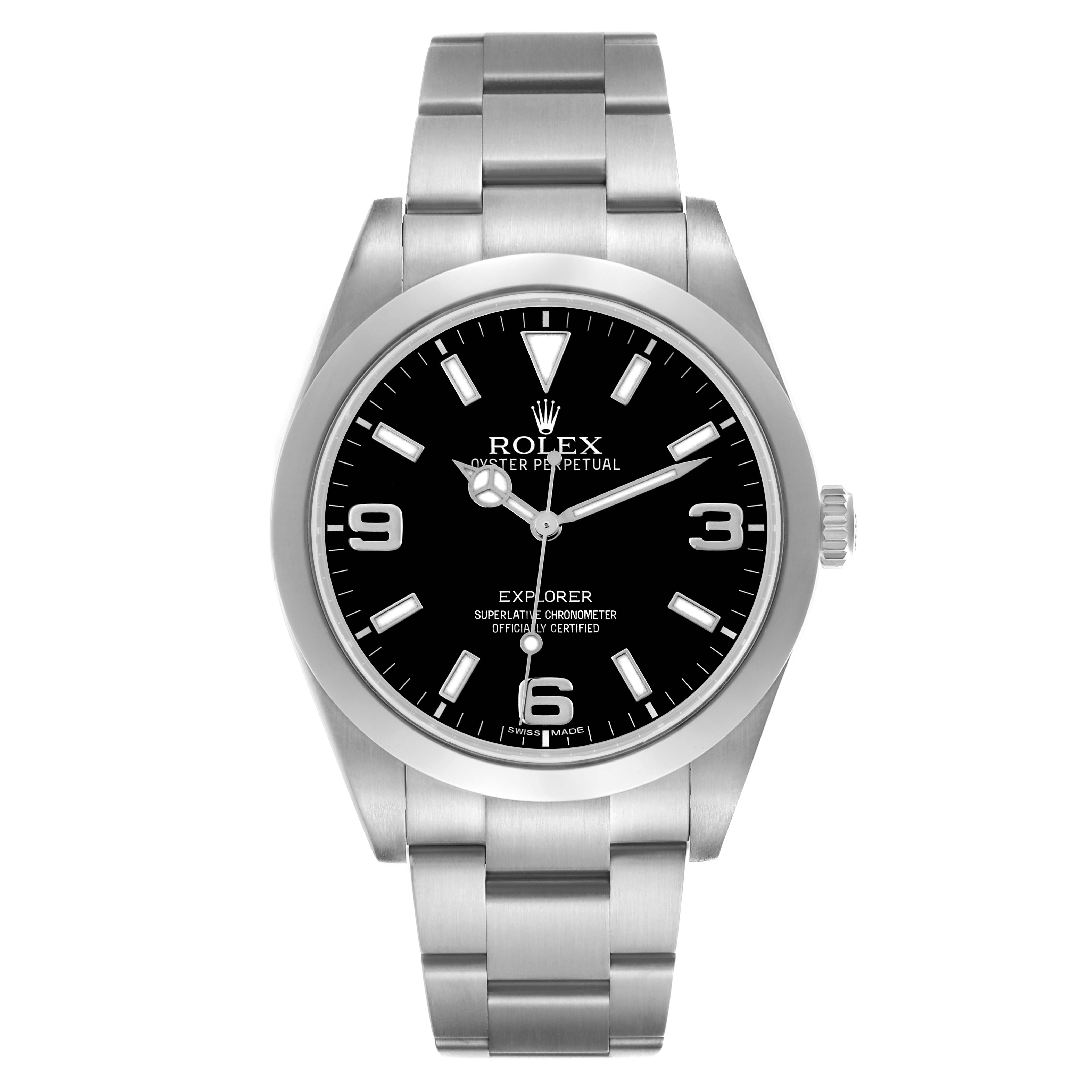 The Rolex Explorer 214270 Men's Stainless Steel Black Dial 214270 Men's Stainless Steel Black Dial watch is shown from the front, displaying its dial, hands, bracelet, and bezel.