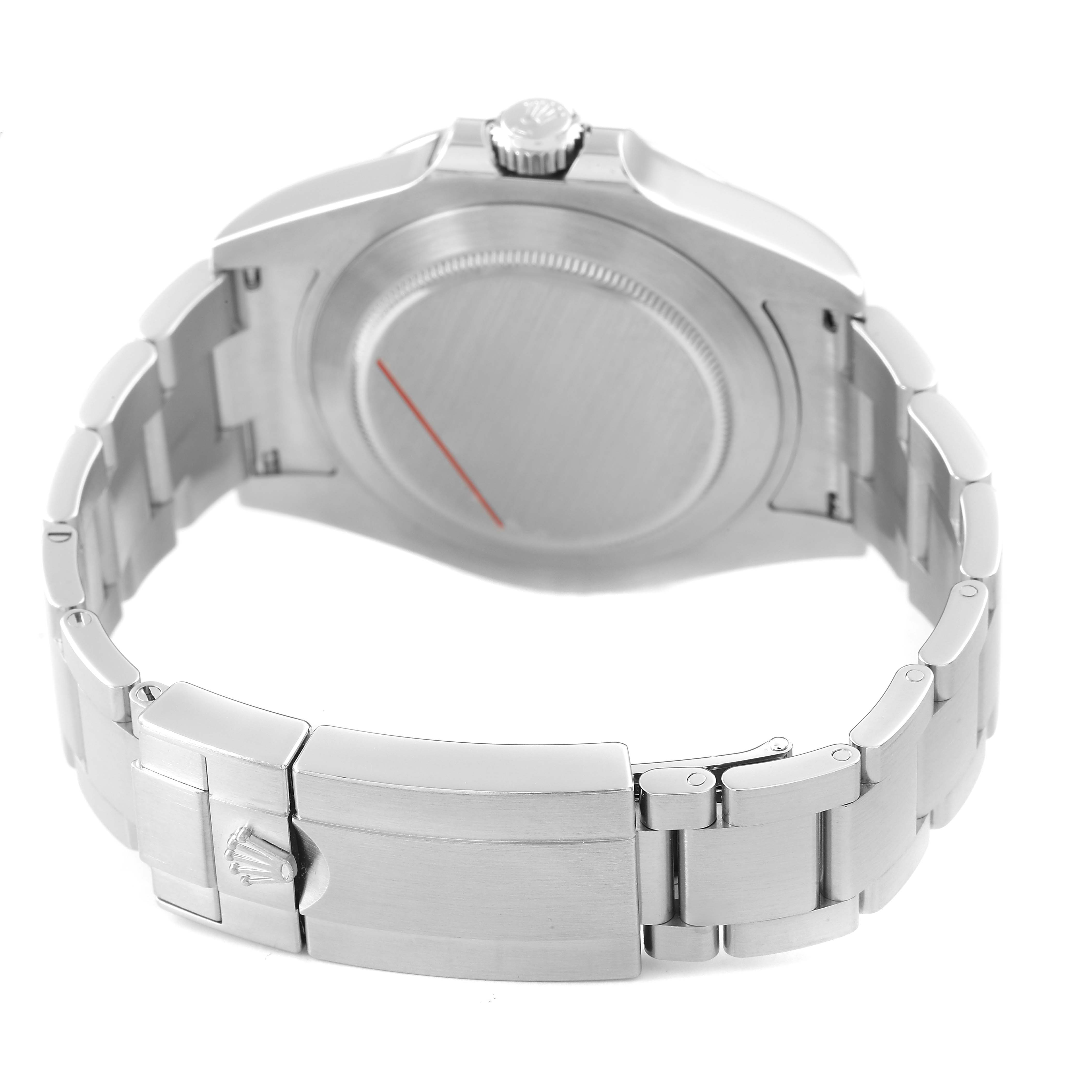 The image shows the back case and bracelet of a Rolex Explorer 216570 Men's Stainless Steel Black Dial watch, showcasing the clasp and crown.