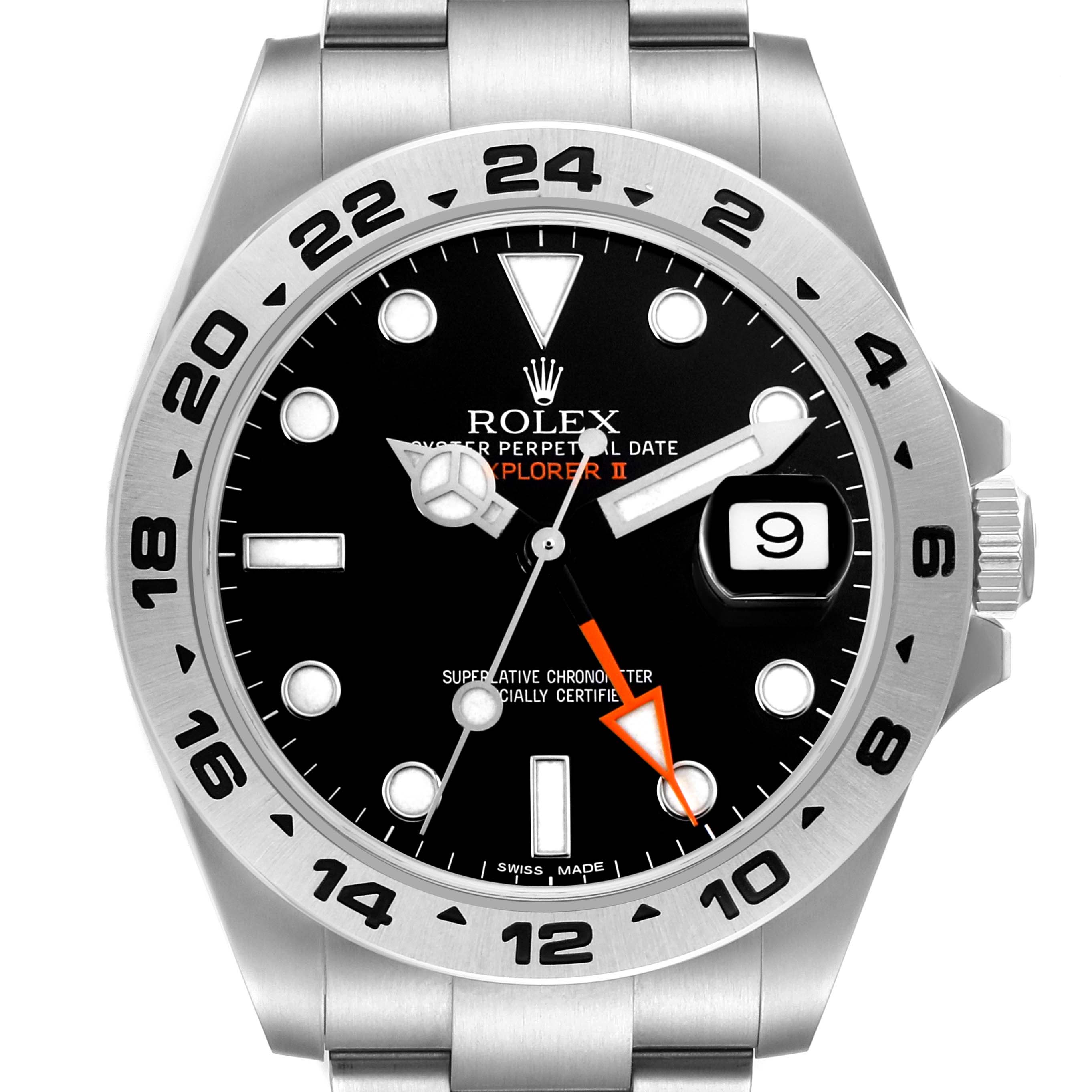 The Rolex Explorer 216570 Men's Stainless Steel Black Dial watch is shown from the front, highlighting the dial, bezel, hands, crown, and bracelet.