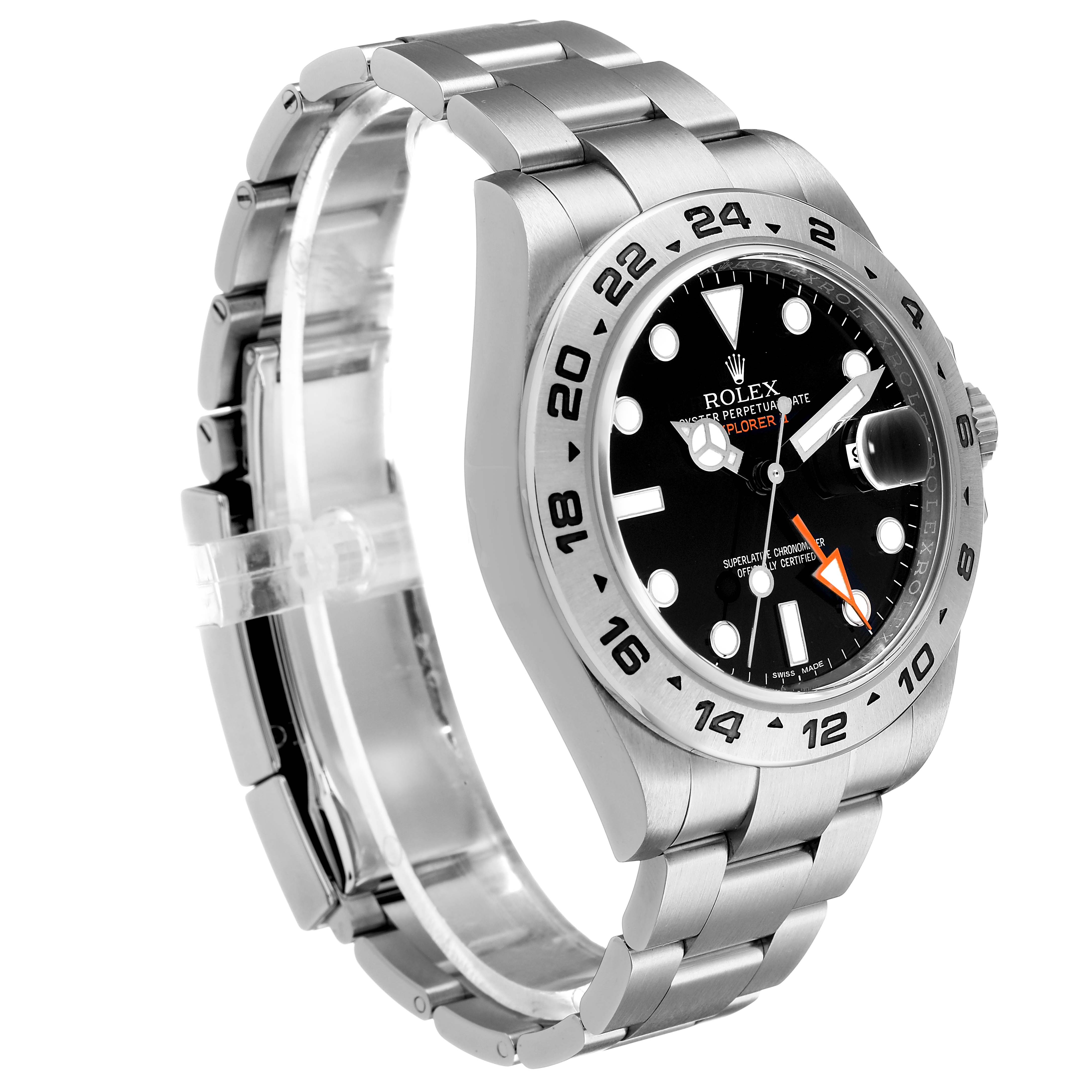 The Rolex Explorer 216570 Men's Stainless Steel Black Dial watch is shown from a three-quarter angle, highlighting the dial, bezel, bracelet, and crown.