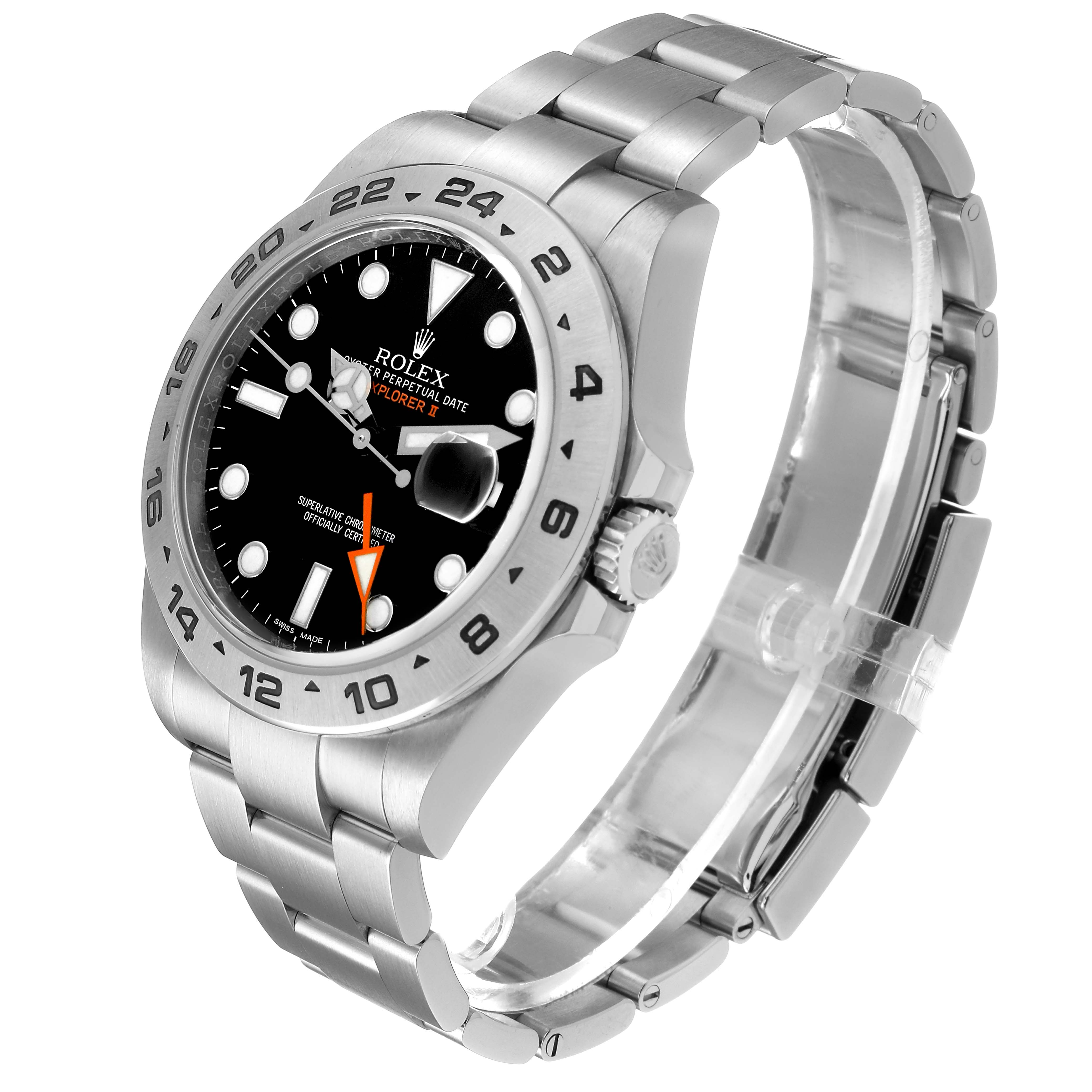 The Rolex Explorer 216570 Men's Stainless Steel Black Dial watch is shown at a three-quarter angle, displaying its black dial, bezel, and stainless steel bracelet.