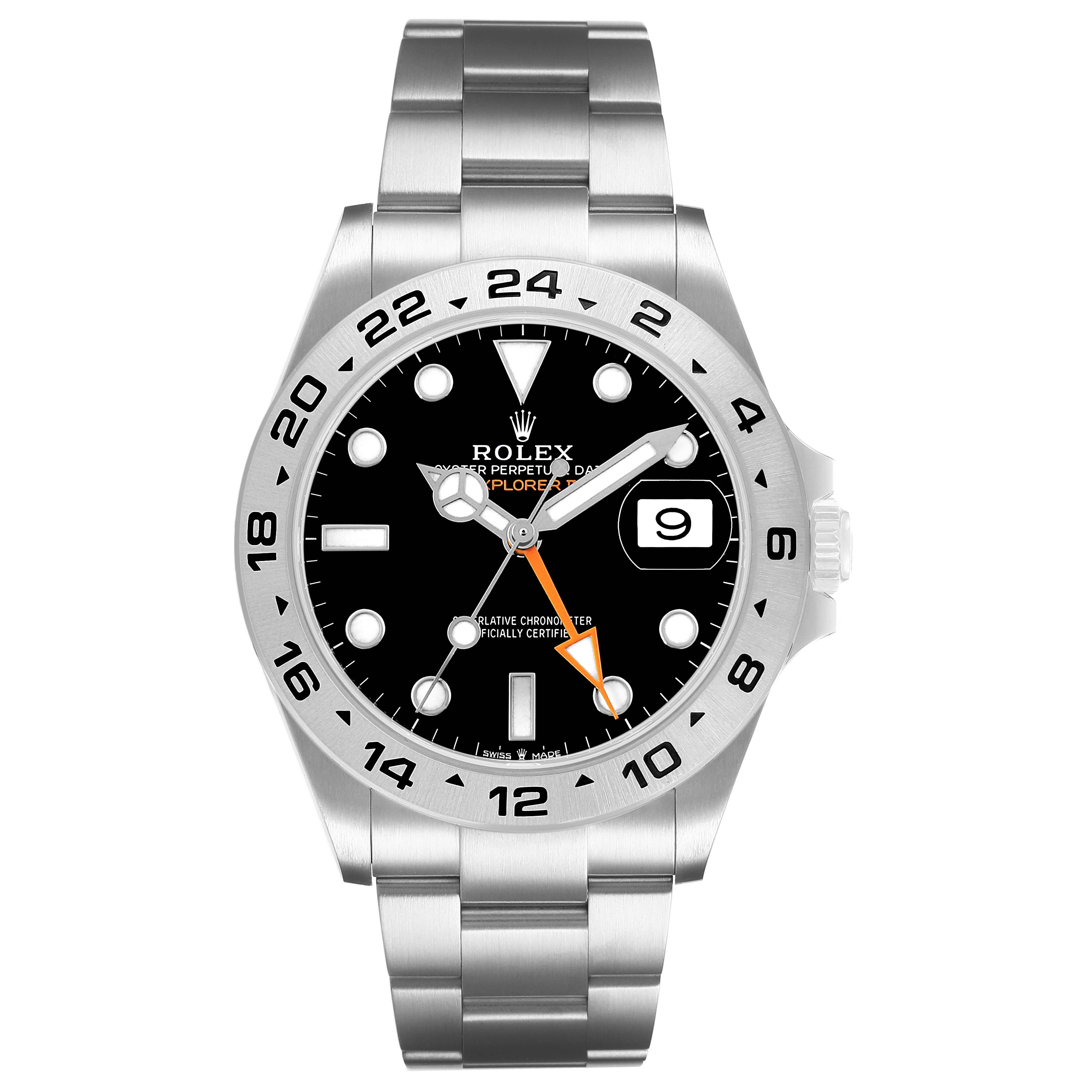 The Rolex Explorer 226570 Men's Stainless Steel Black Dial watch is shown from a front angle, highlighting its face, bezel, crown, and bracelet.