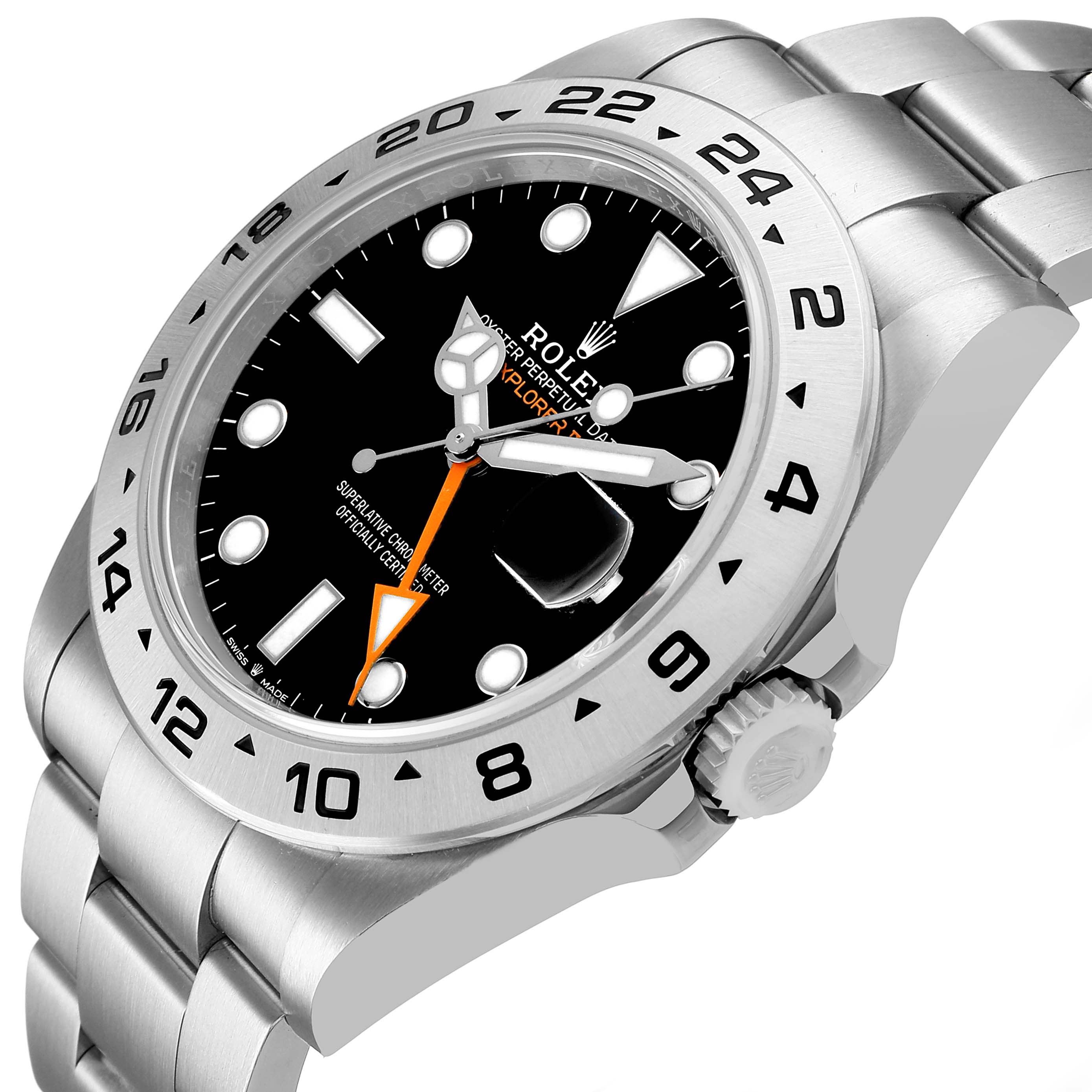 This Rolex Explorer 226570 Men's Stainless Steel Black Dial model watch is shown at a tilted angle, highlighting the dial, bezel, and part of the bracelet.