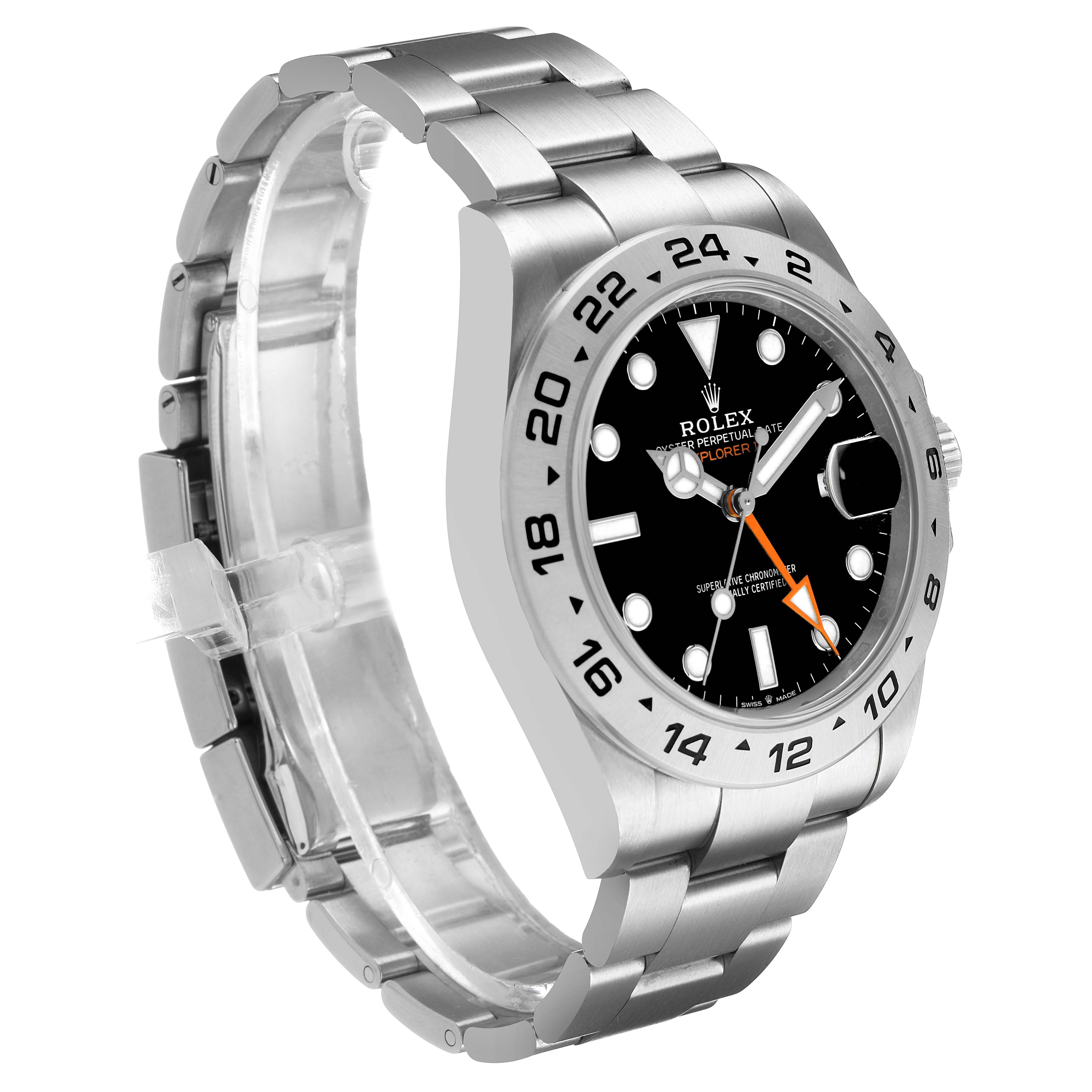 The Rolex Explorer 226570 Men's Stainless Steel Black Dial watch is shown from a three-quarter angle, highlighting the dial, bezel, and stainless steel bracelet.