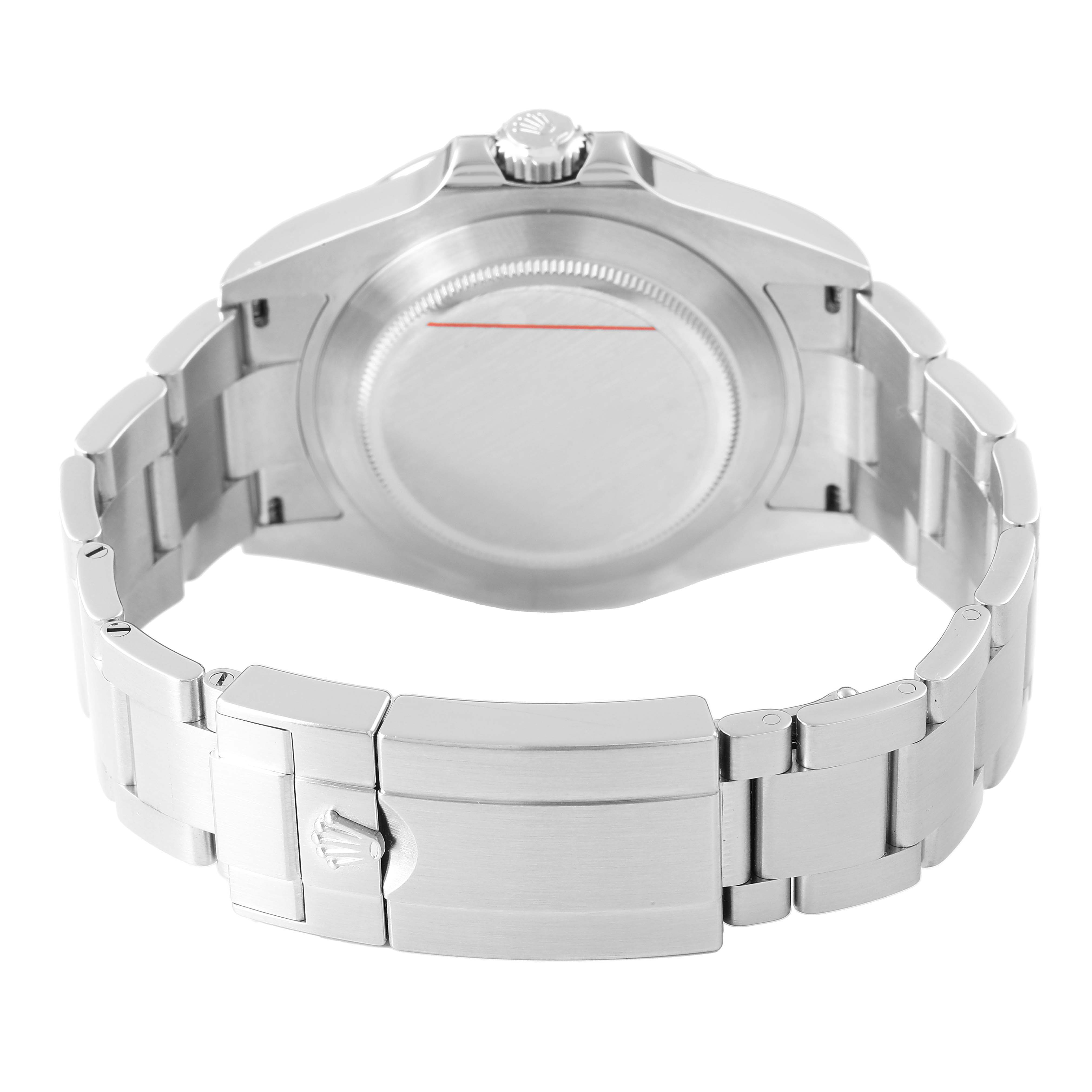 The image shows the back view of a Rolex Explorer 226570 Men's Stainless Steel Black Dial watch, focusing on the case back, crown, and bracelet clasp.