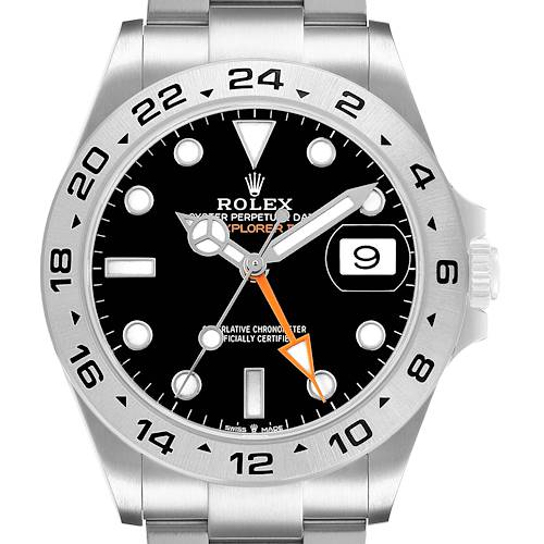 The Rolex Explorer 226570 Men's Stainless Steel Black Dial watch is shown from the front, highlighting the dial, hands, bezel, and part of the bracelet.