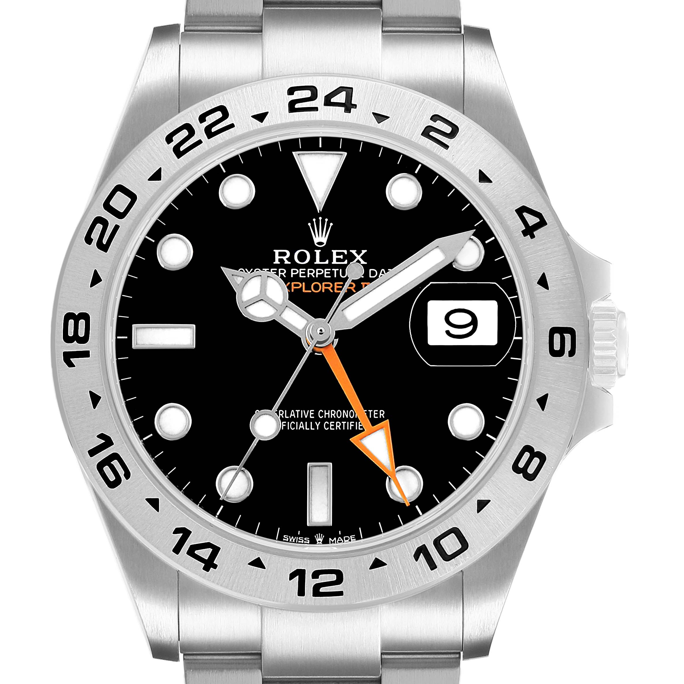 The image shows a front view of the Rolex Explorer 226570 Men's Stainless Steel Black Dial watch, highlighting the bezel, dial, hands, and date window.