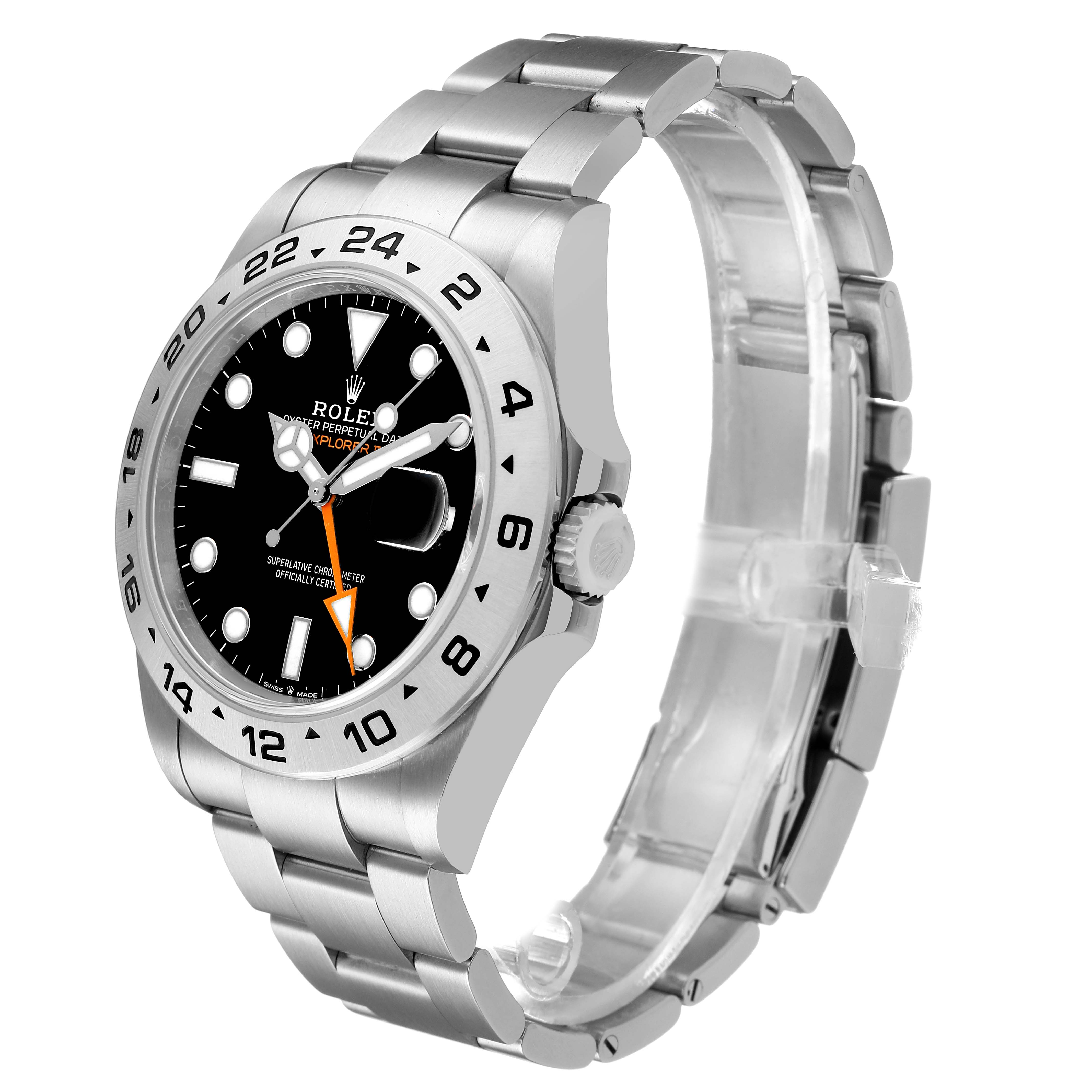 The Rolex Explorer 226570 Men's Stainless Steel Black Dial watch is shown at a three-quarter angle, highlighting the bezel, dial, crown, and bracelet.