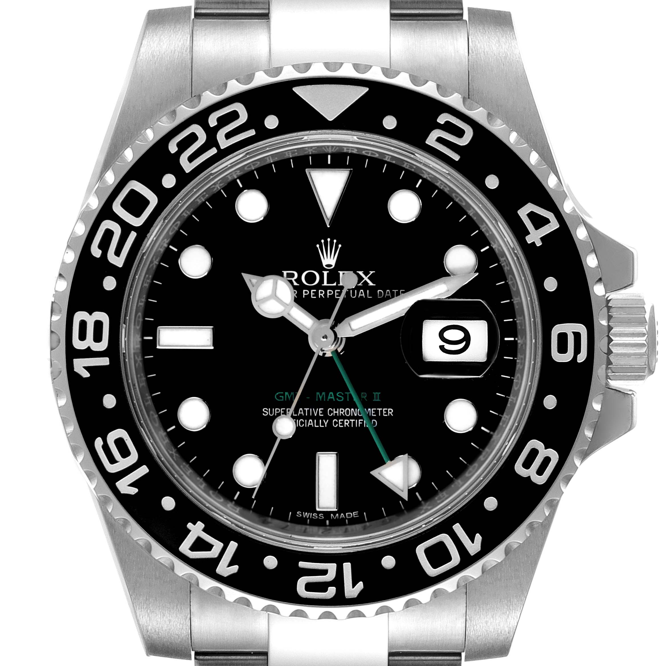 This image shows the front view of a Rolex GMT-Master 116710 Men
s Stainless Steel Black Dial 116710 Men
s Stainless Steel Black Dial II watch, including the dial, bezel, and part of the metal bracelet.