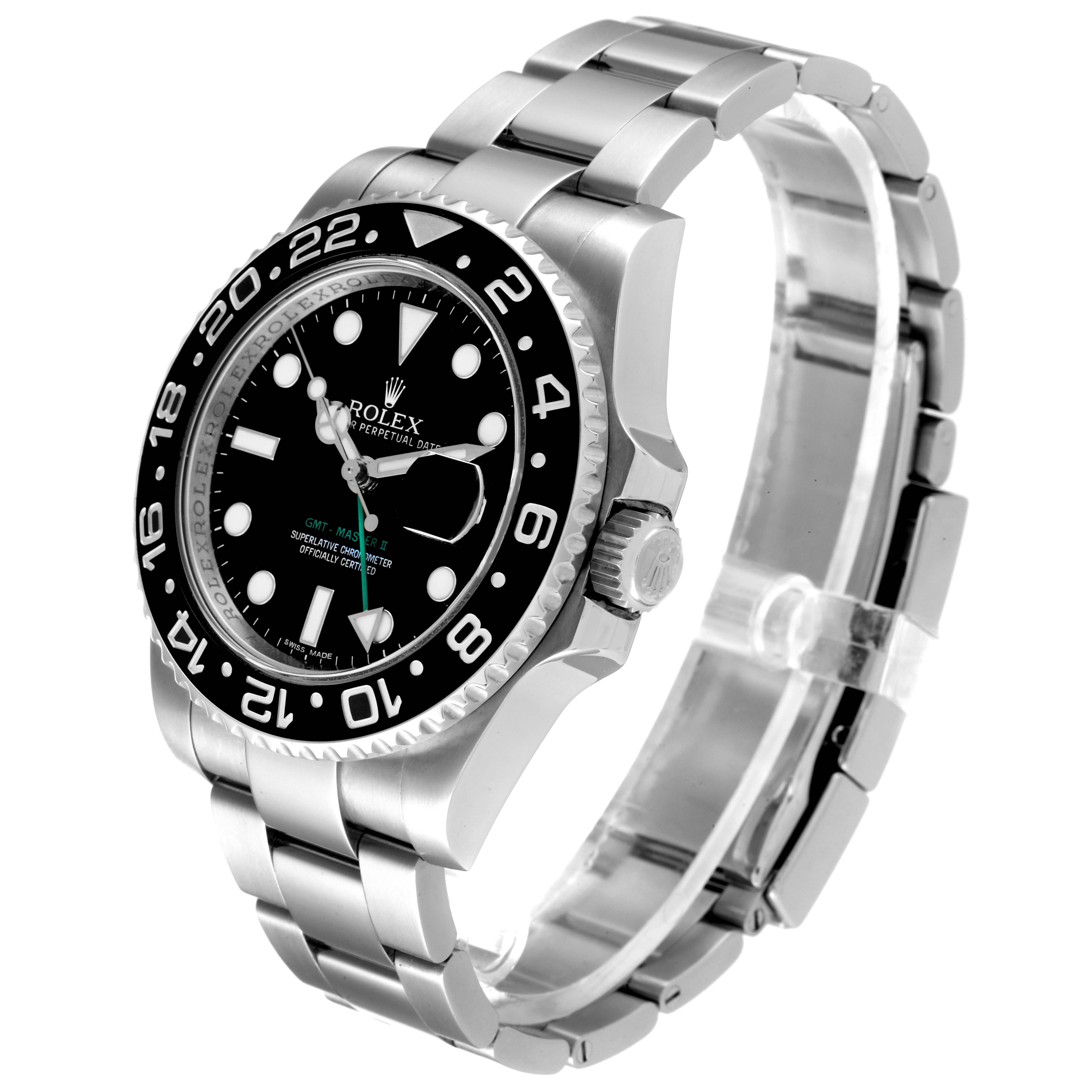 This image shows a side view of a Rolex GMT-Master 116710 Men
s Stainless Steel Black Dial 116710 Men
s Stainless Steel Black Dial watch, highlighting the bezel, dial, crown, and bracelet.