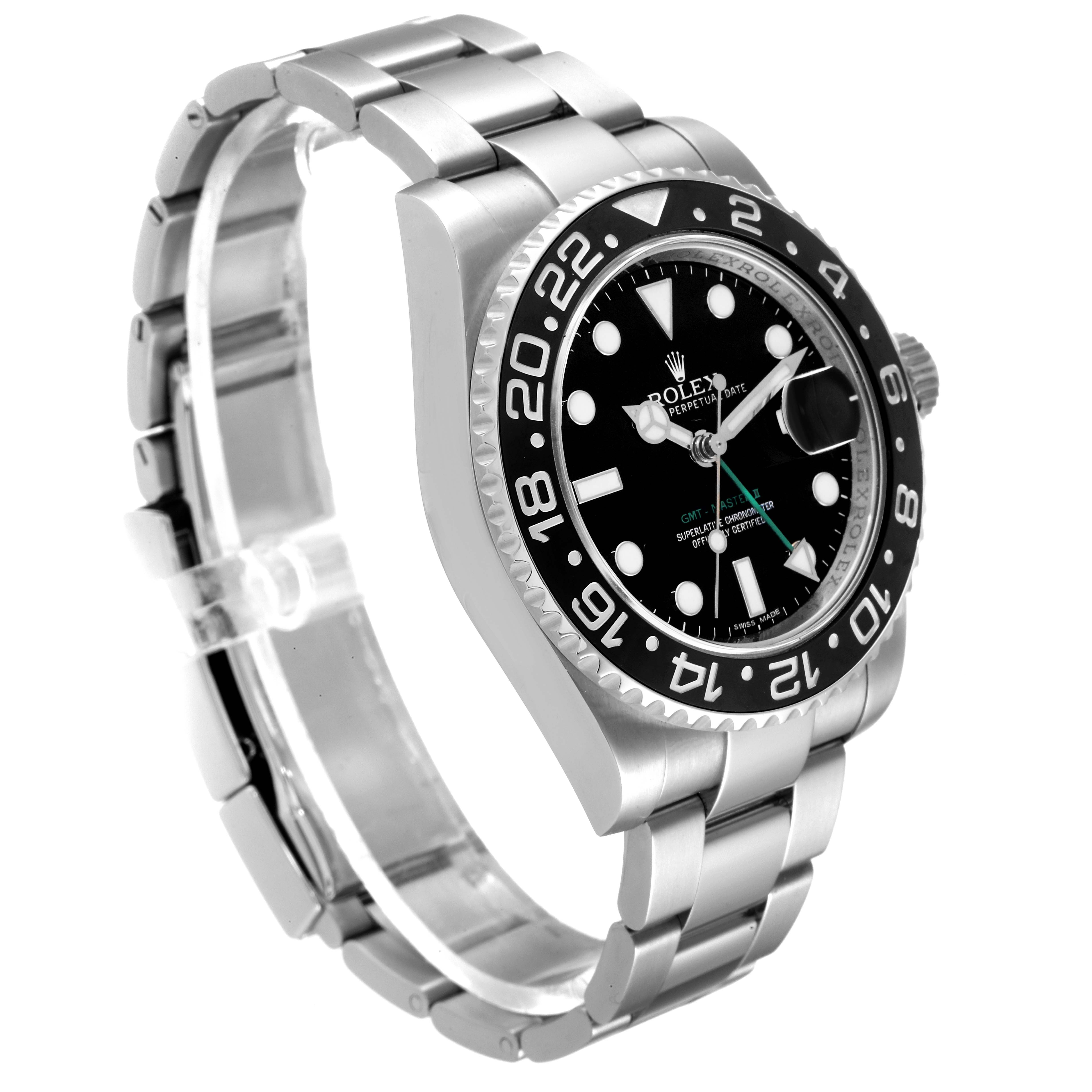 The image shows a Rolex GMT-Master 116710 Men
s Stainless Steel Black Dial 116710 Men
s Stainless Steel Black Dial watch at a slight side angle, highlighting the dial, bezel, case, and bracelet.