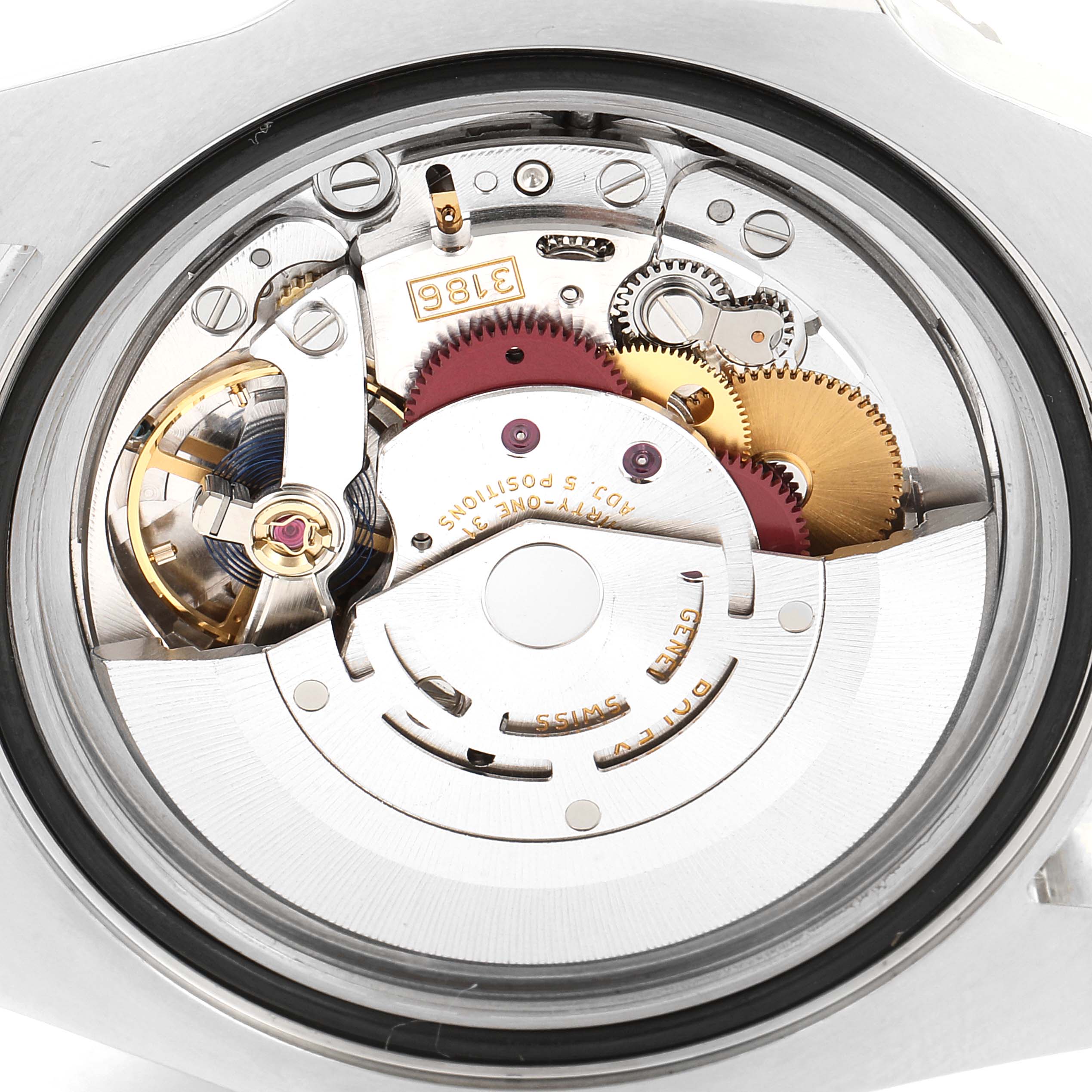 The image shows the movement and internal mechanism of a Rolex GMT-Master 116710 Men
s Stainless Steel Black Dial 116710 Men
s Stainless Steel Black Dial watch from a back angle.