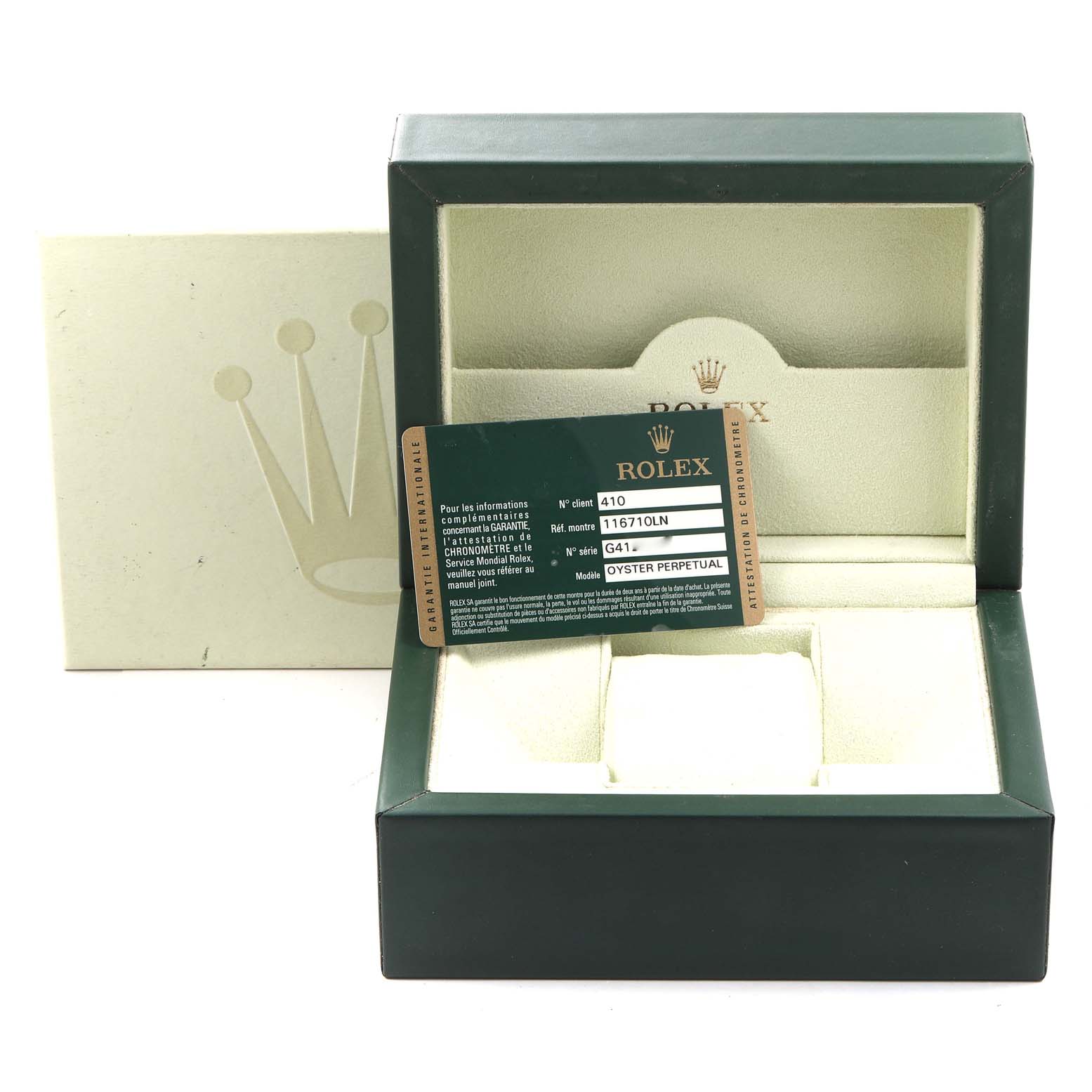 The image shows an open Rolex GMT-Master 116710 Men
s Stainless Steel Black Dial 116710 Men
s Stainless Steel Black Dial watch box with an Best Quality
ation card inside.