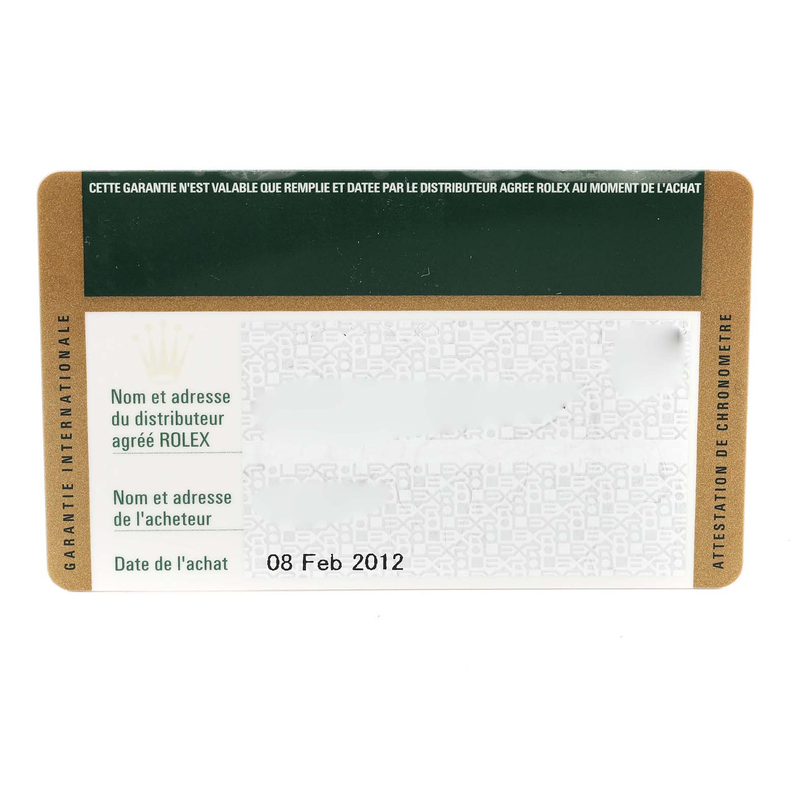 This image shows a warranty card for a Rolex GMT-Master 116710 Men
s Stainless Steel Black Dial 116710 Men
s Stainless Steel Black Dial watch, displaying purchase details and Best Quality
ity information.